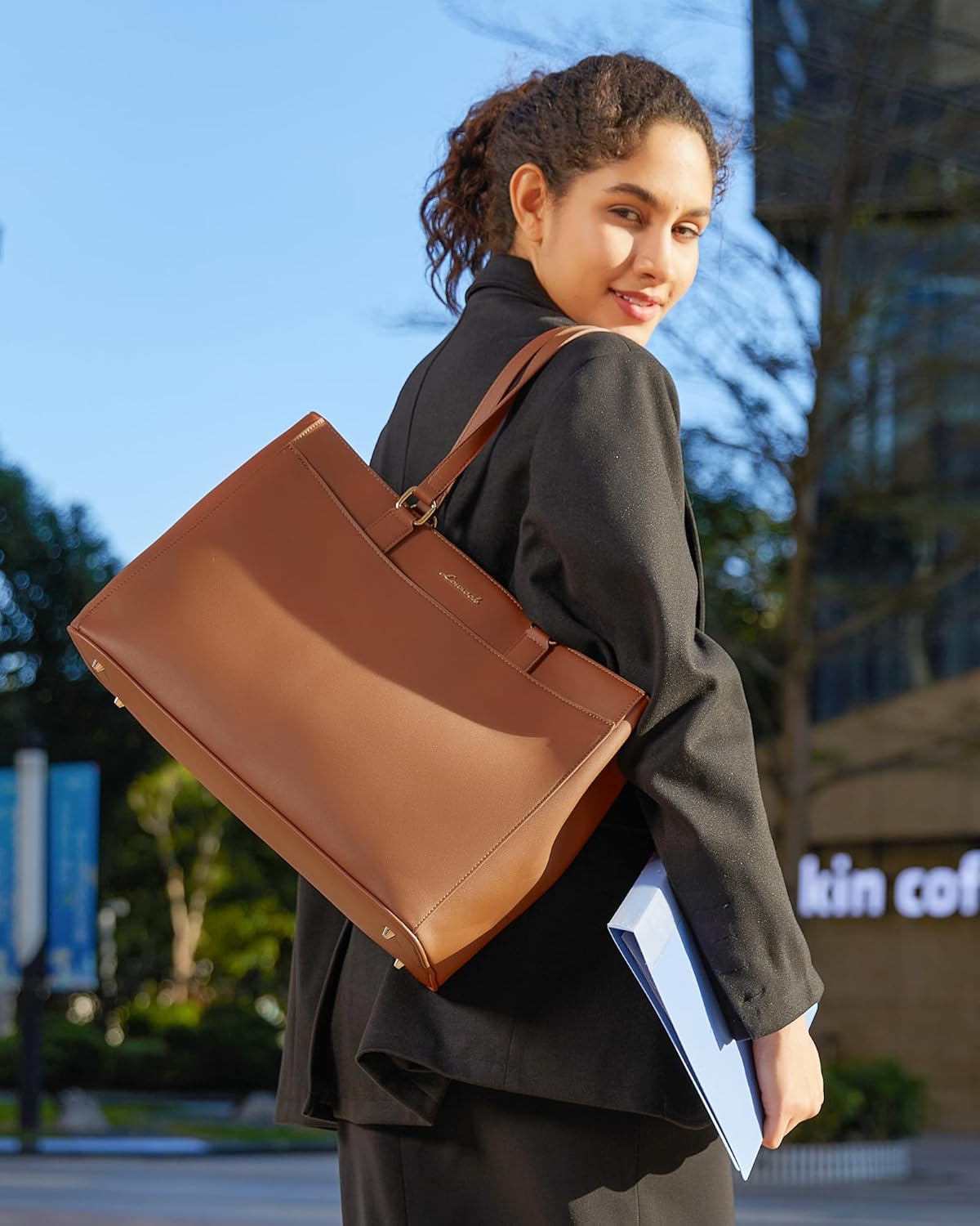 LOVEVOOK Tote Bag for Women Work, Laptop Bag Teacher Tote Bags, Waterproof Leather Computer Bag, Business Laptop Purse Office Handbag Professional Briefcase, 15.6 Inch, Brown - Image 3