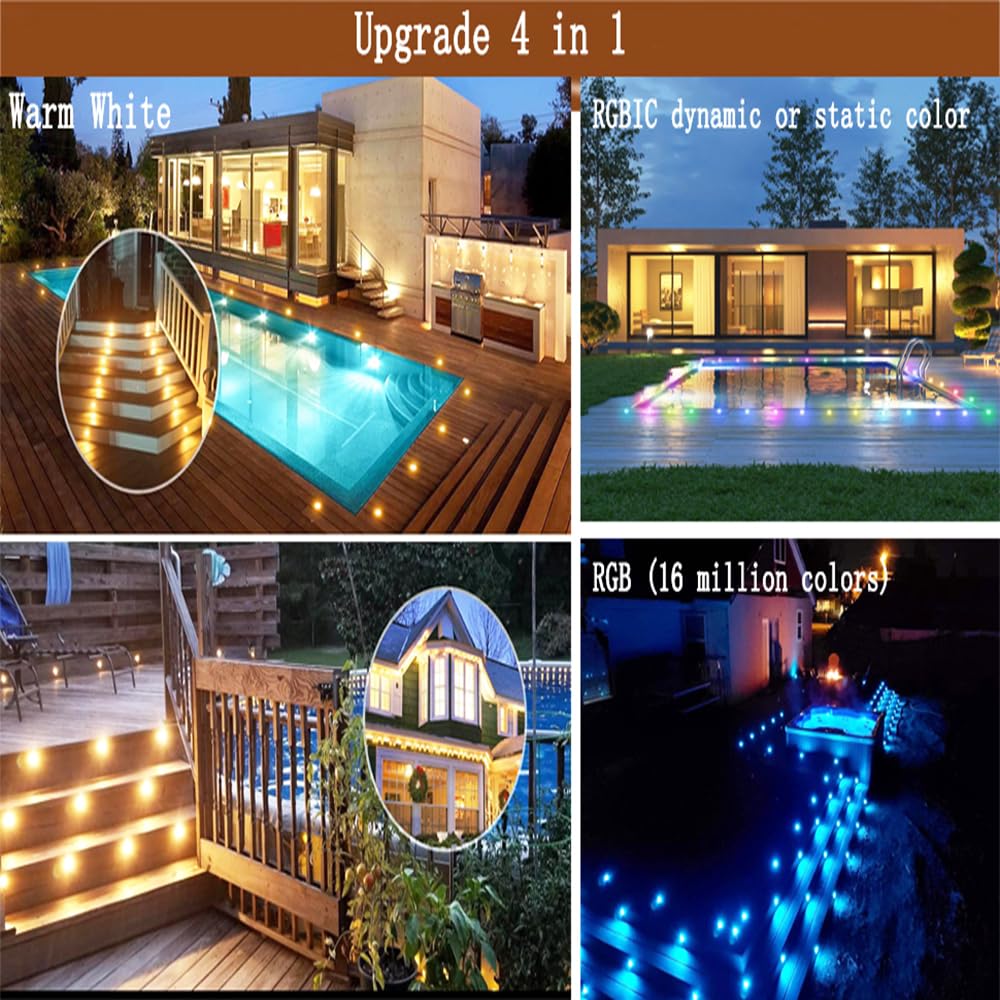 10 pezzi WiFi RGBIC+Bianco caldo LED luci da incasso Illuminazione del patio funziona con Alexa, Google Home assistant, DC12V Ø31mm IP67 impermeabili LED terrazze da incasso LED
