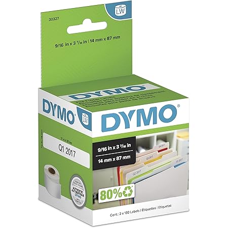 DYMO Authentic LabelWriter 1-Up File Folder Labels for LabelWriter Label Printers, White, 9/16'' x 3-7/16'', 2 Rolls of 130