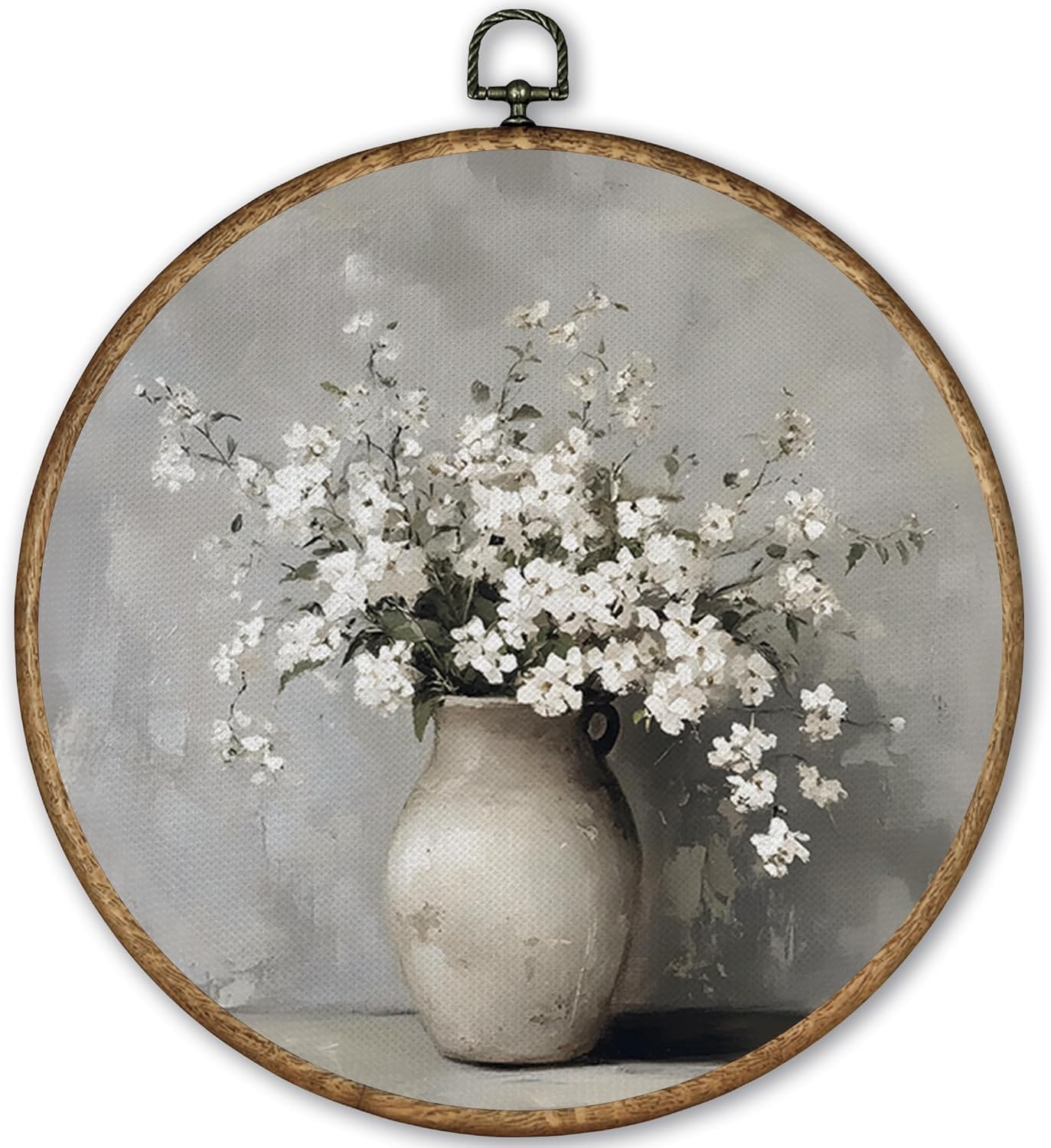 Vintage White Floral Flowers Round Wall Art Decor Framed, Spring Floral Canvas Wall Art Prints Artwork, Rustic Flower Wall Hanging Room Decor Decorations for Farmhouse Bedroom Living Room 26cm Framed