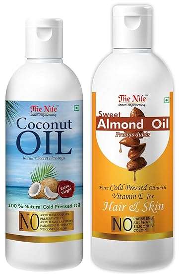 The Nile Organic Extra Virgin Coconut Oil Hair Oil for skin & hair (100 ML) + Organic Cold Pressed Sweet Almond Oil Hair Oil150 ML) Combo pack of 2 (250 ML)