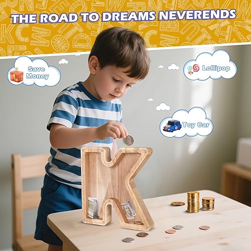 Miniatura 94 de Alcancía de madera con letras de madera, alcancía para niños y niñas, grande, 26 letras del alfabeto, banco de dinero personalizado con nombre