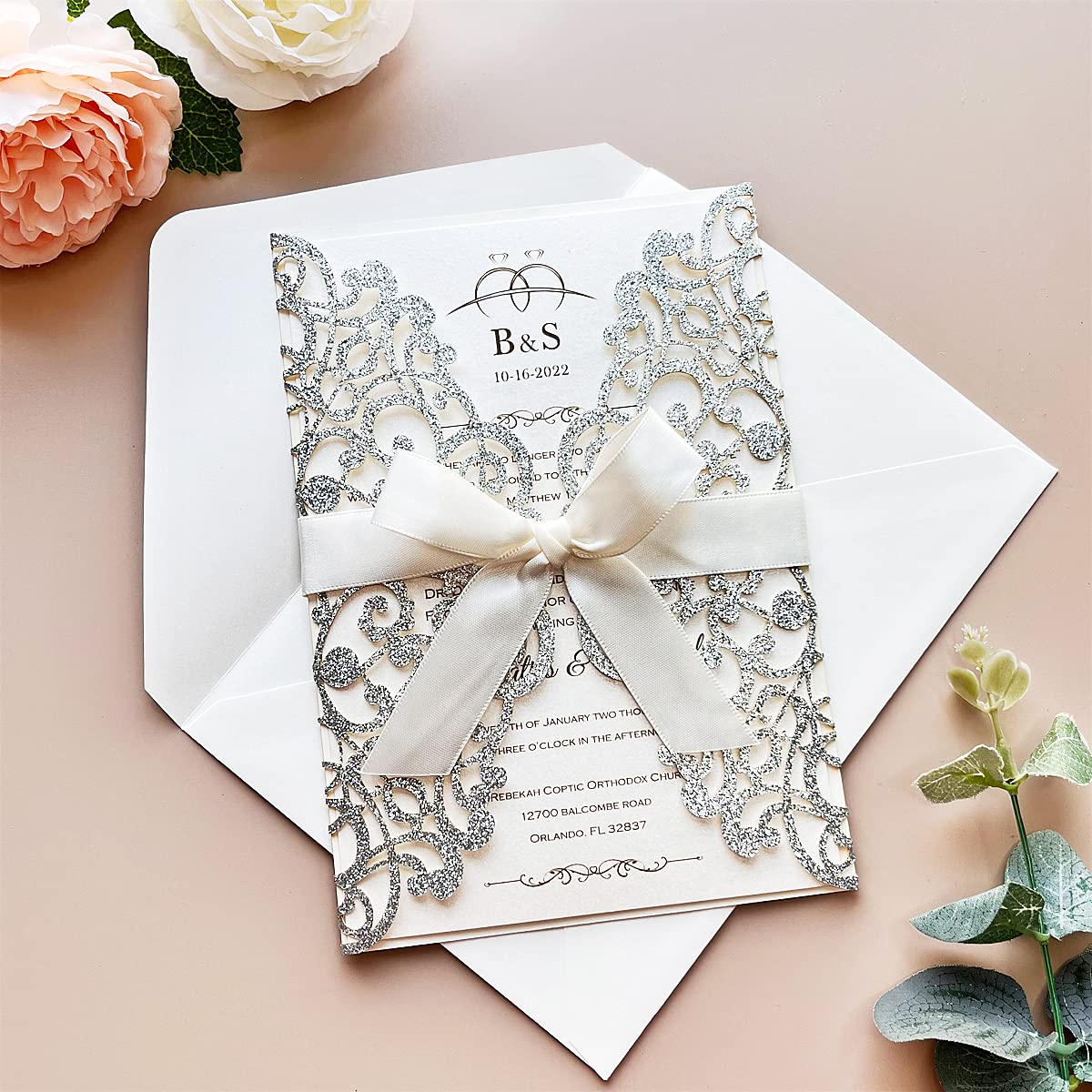 20PCS Hochzeitseinladungskarten mit Elfenbeinbändern und Umschlägen für Hochzeitsbrautduschen-Verlobungs-Geburtstags-Abschluss-Einladungen (Silber glitter)