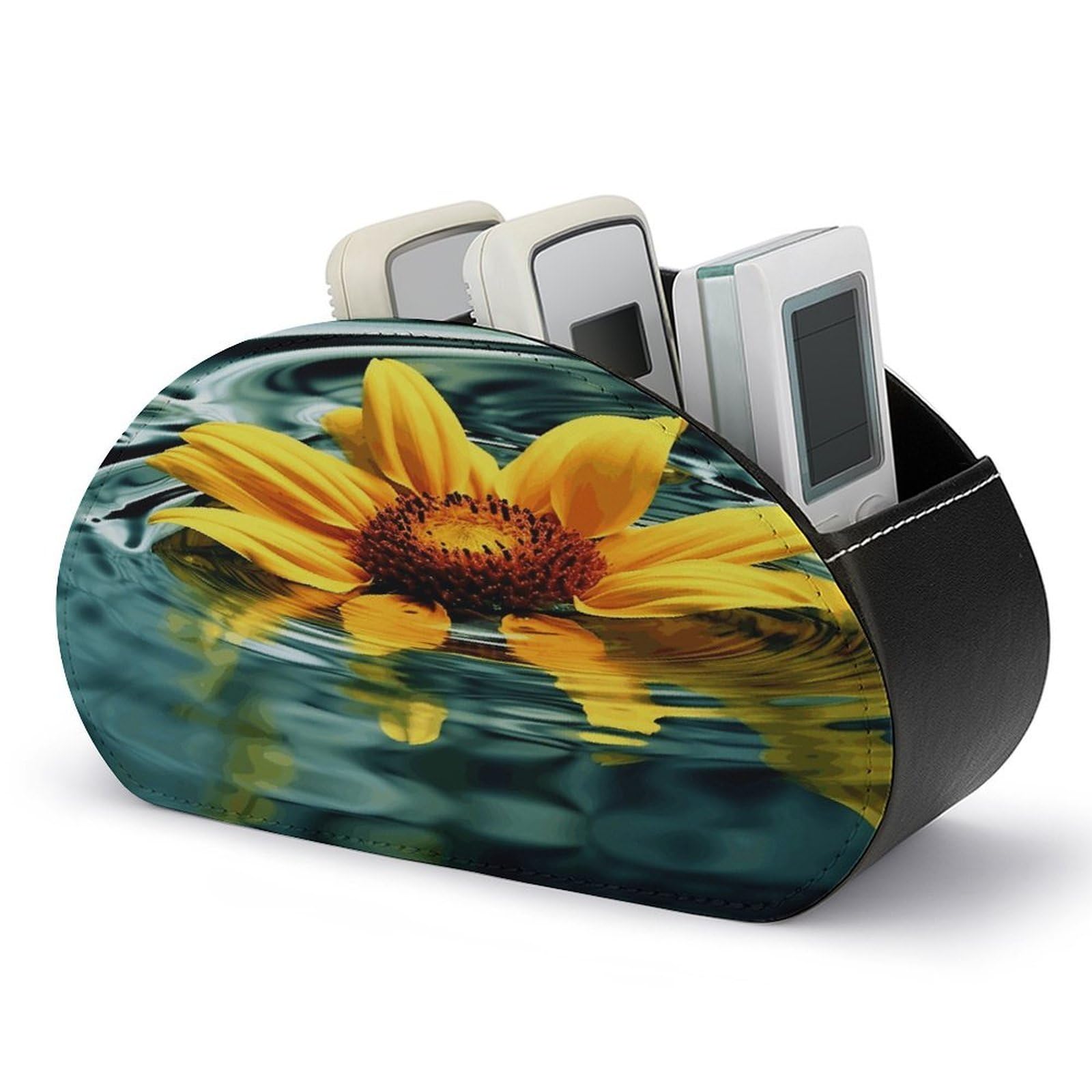 LZQPOEAS Sunflower in Water Remote Control Holder with 5 Compartments PU Leather Remote Organizer Box Caddy for Table Nightstand Remote Caddy Desktop Organizer Fits Media Controllers
