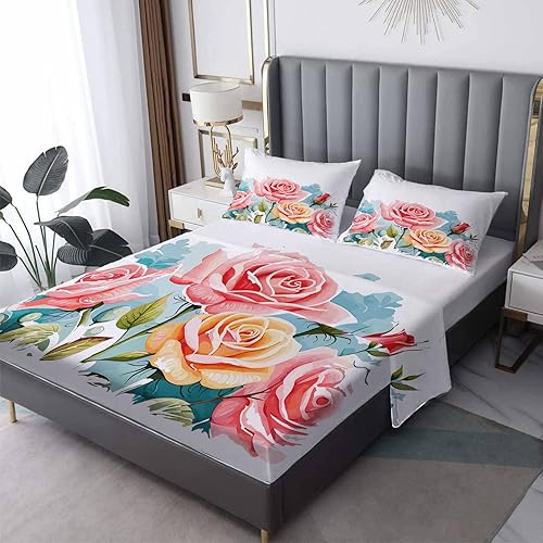 Miniatura 8 de Juego de sábanas de flores divididas tamaño King, sábanas botánicas florales, sábanas y fundas de almohada estampadas de 5 piezas, microfibra suave