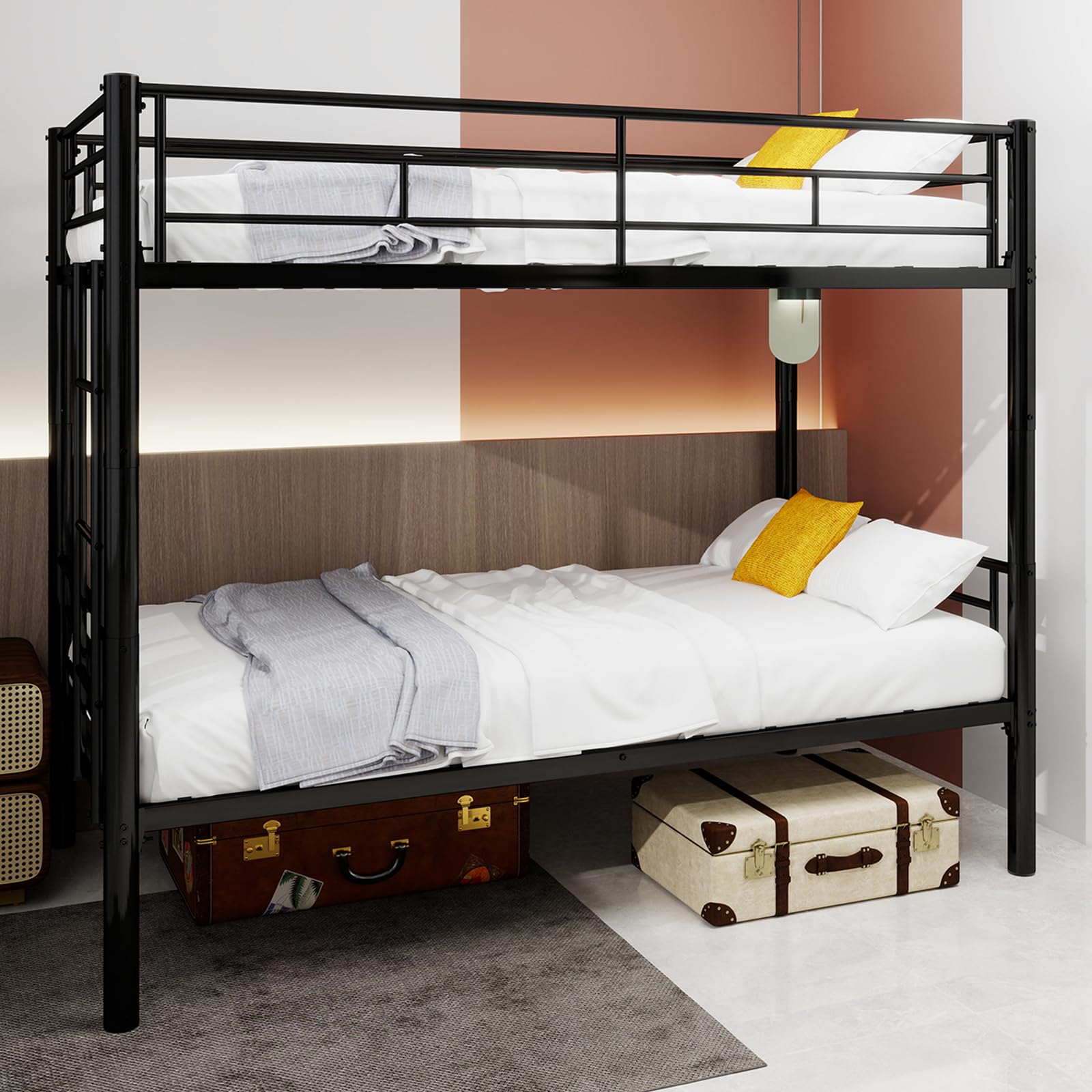 Kinder Hochbett, Metall Etagenbett, Heavy Duty Metallbett Rahmen, etagenbett Twin Over Full mit Leiter & Full-Länge Geländer für Jugendliche Erwachsene, Lärm frei (Schwarz A, 90x190CM)