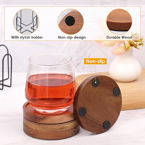 Miniatura 3 de 4 posavasos de madera absorbentes para bebidas, posavasos de madera con soporte, posavasos para mesa de café, juego de posavasos absorbentes para