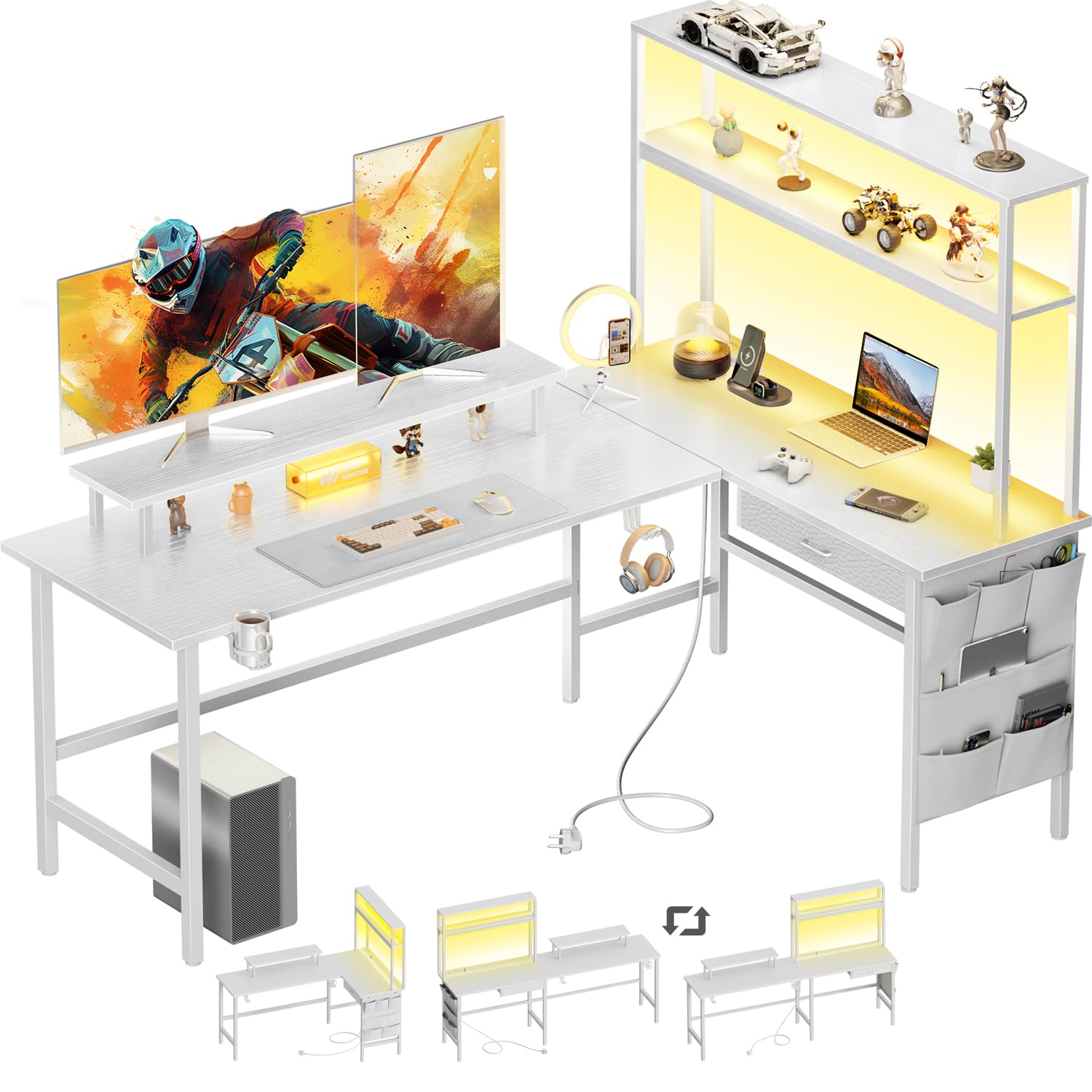 DLONGONE 170 × 100 cm Gaming Desk with LED Lights & Power Outlet, Corner Desk with Storage, Reversible L Shaped Desks with Shelves, Computer Desks with Monitor Stand and Hooks for Home Office, White
