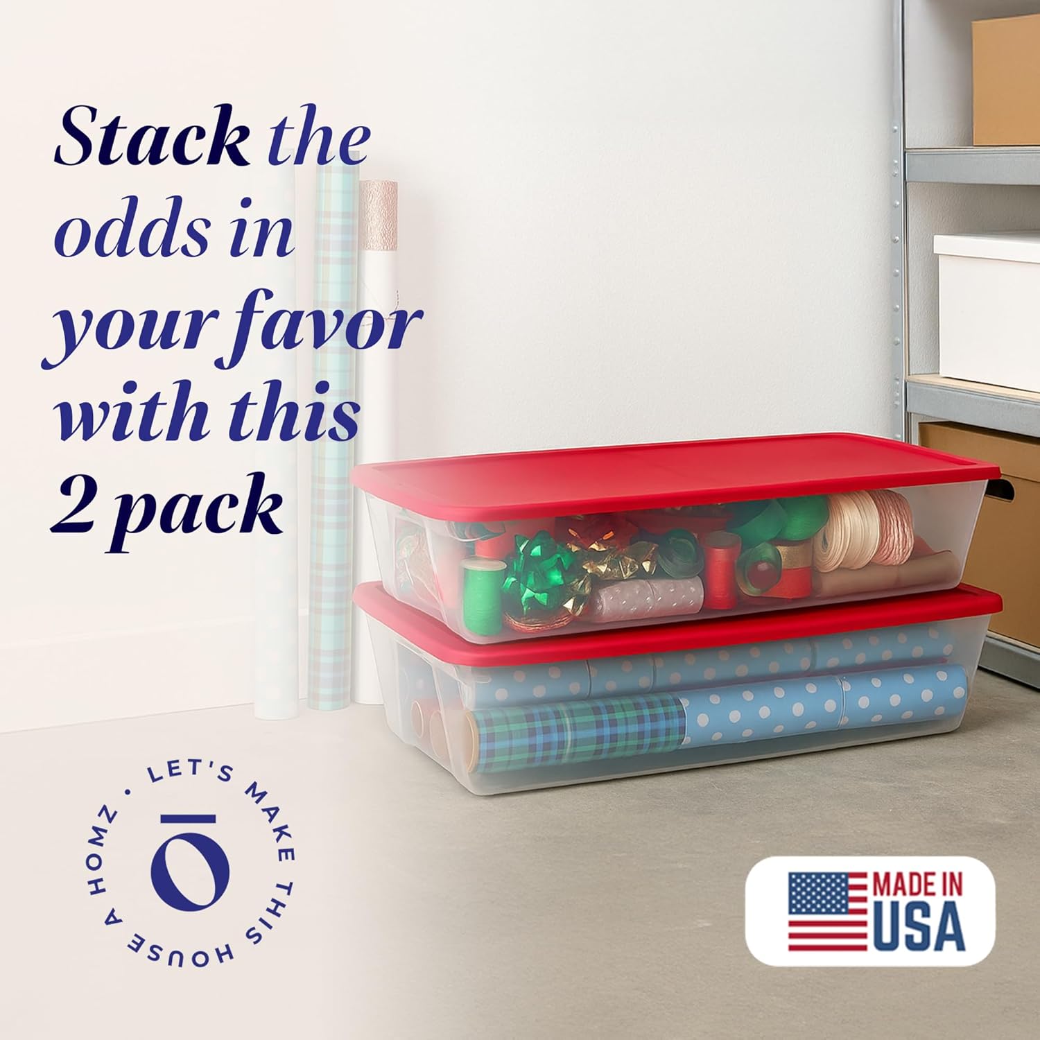 HOMZ 2-Pack Holiday Tote, Clear Plastic Storage Organizer Bins with Lids, 41 Quart, Red - Stackable Organizing Containers for Christmas Ornament Decorations, Gift Wraps, and Crafts