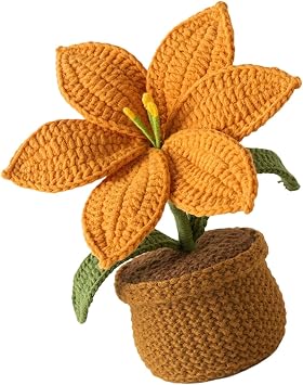 Lilies Potted Plant Ornament Handcrafted Knitting Flower Pots Home Decors Without Maintenance Needs Party Gift Cotton Lilies Tabletop Ornament