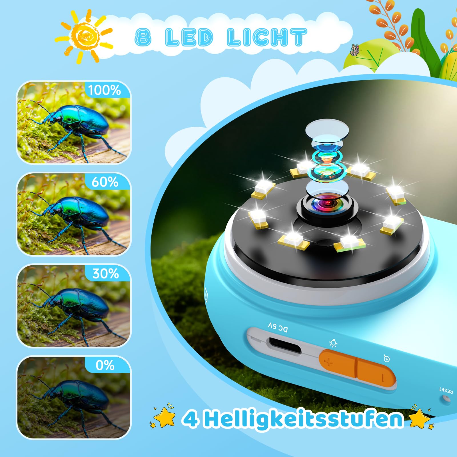 Mikroskop für Kinder - Digital Lupe Kinder mit 2-Zoll LCD HD Bildschirm, Handy Kinderkamera Microscope mit 8 LED Licht, Tragbares Taschenmikroskop mit 8G-Karte, Mini-Mikroskope Draussen - Blau