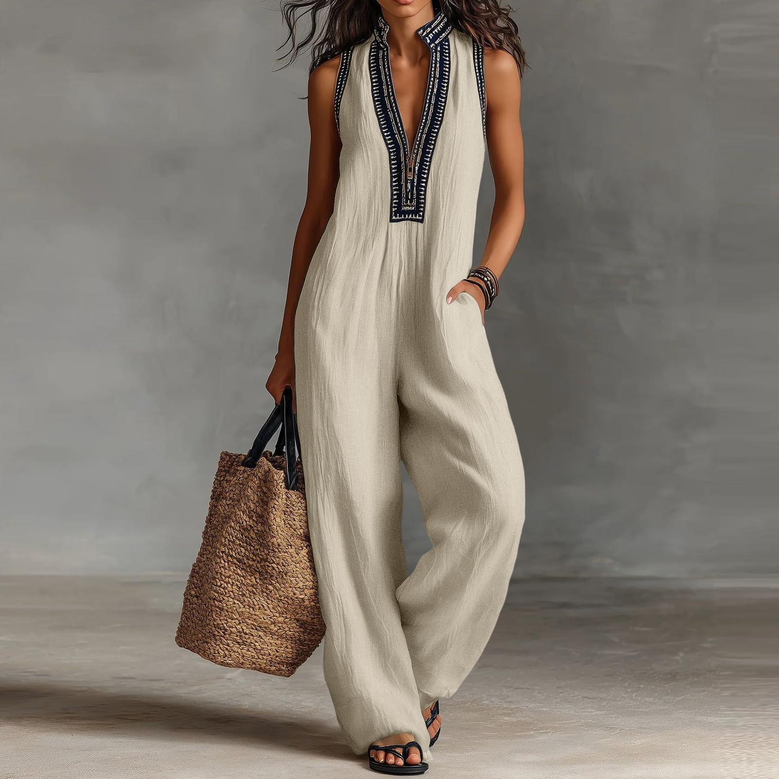 Ansenesna Jumpsuit Damen Sommer Elegant Lang Overall Baumwolle Leinen Weites Bein Boho Jumpsuits Für Damen V Ausschnitt Ärmellos Einteiler Frauen Locker Sommeroverall Leicht Romper Weit Playsuit
