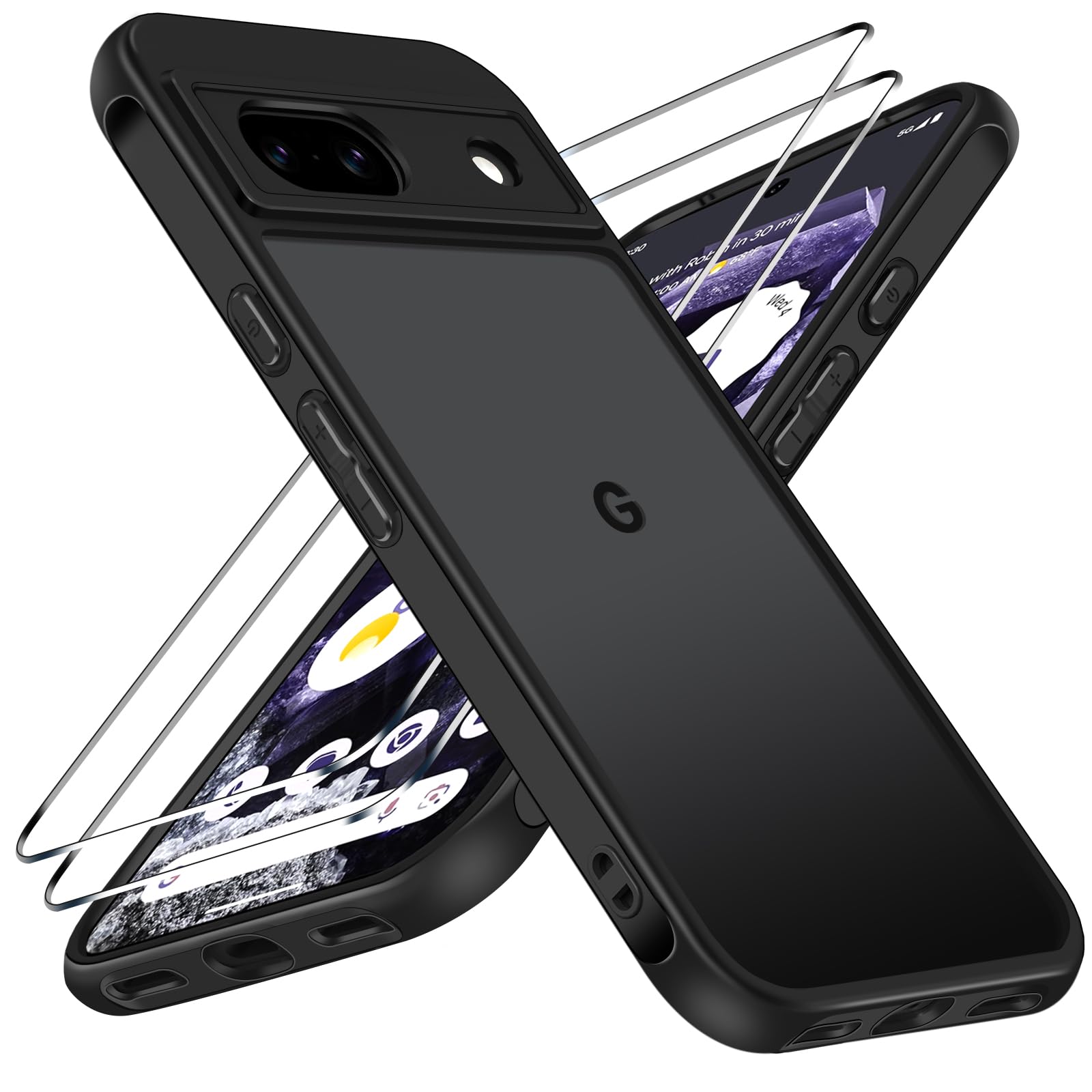 ivoler Hülle für Google Pixel 8A mit 2 Stück Panzer Schutz Glas, [Militärstandard] Stoßfest Handyhülle Matt Durchscheinende Rückseite Anti-Fingerabdruck Schutzhülle Case (Schwarz)
