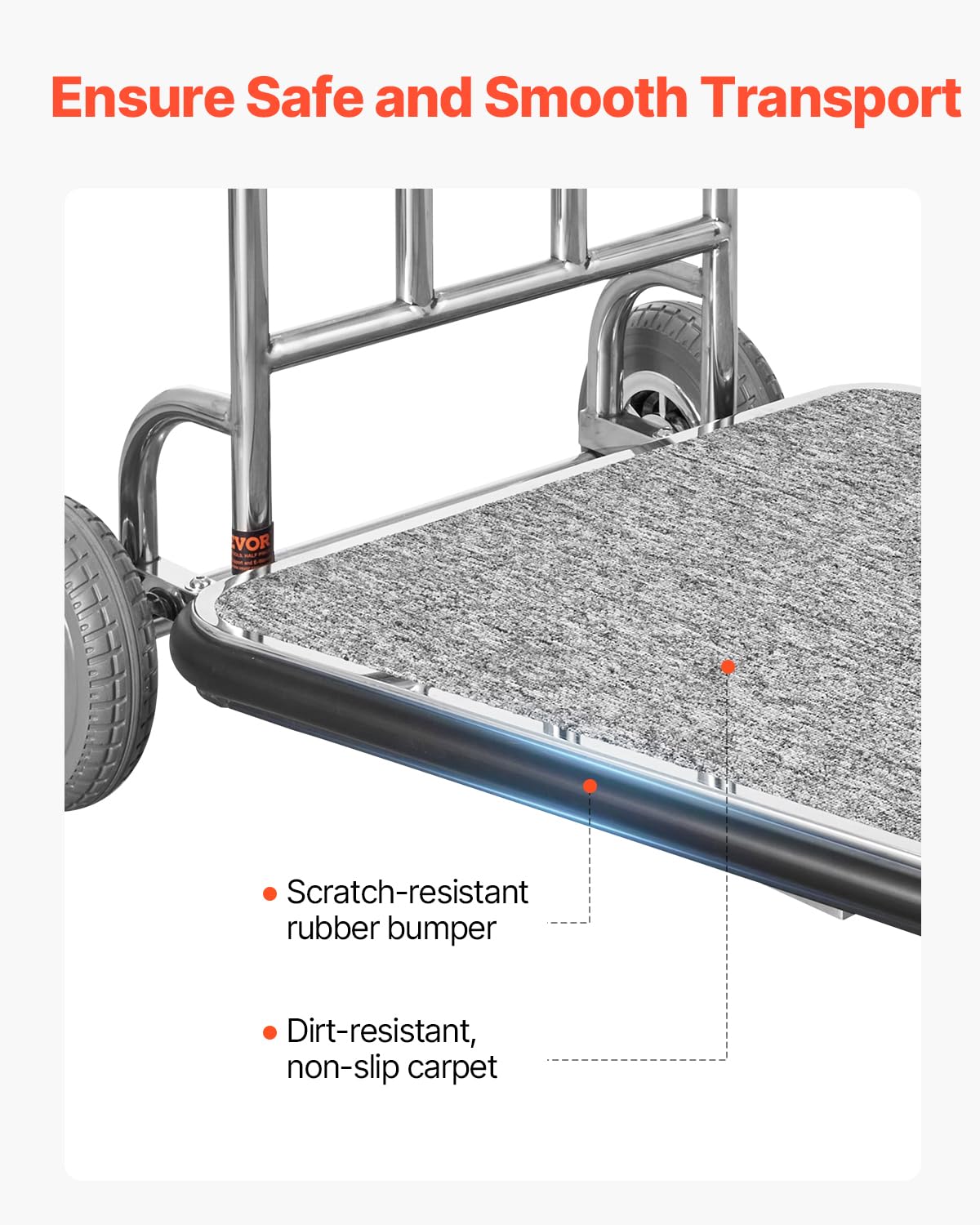 VEVOR Chariot à Bagages Hôtel, 272 kg, Chariot à Plate-forme de Concierge Finition Acier Inoxydable à 3 Roues en Caoutchouc, avec Moquette Grise, Porte-bagages pour Hôtels, Condos, Complexes Hôteliers