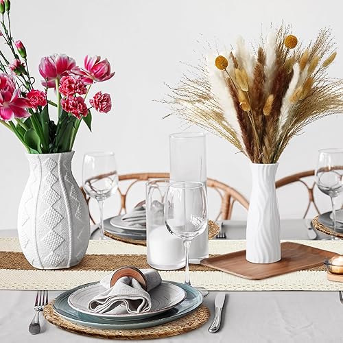 Miniatura 6 de Menkxi Juego de 9 manteles individuales redondos tejidos bohemios, camino de mesa de arpillera con borlas, pasto de pampa seco y jarrón de macramé,