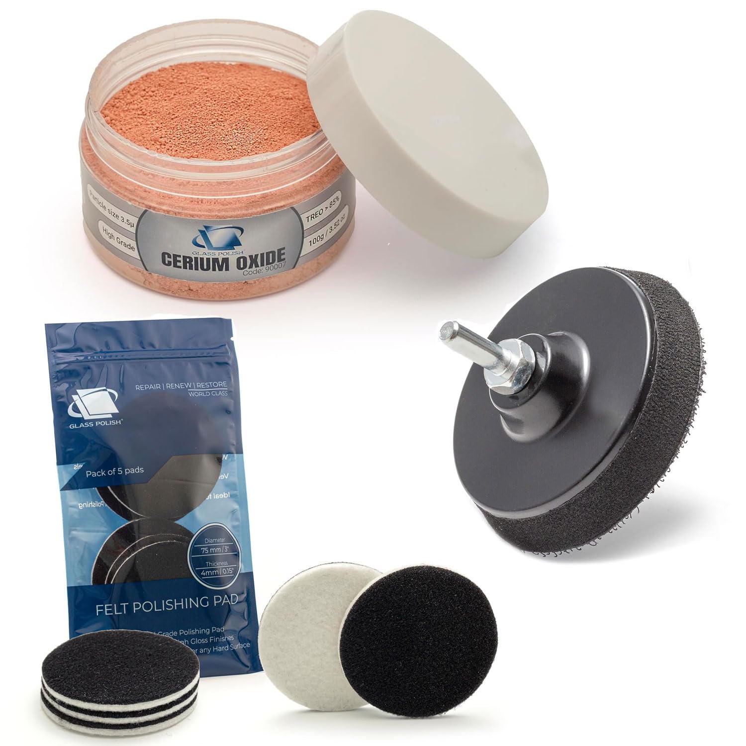 GLASS POLISH DIY Glass Polishing Bundle for Drill - Set of 3.52 oz Cerium Oxide, 3" Felt Polishing Pads and 3" Backing Pad with Drill Attachment
