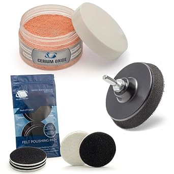 GLASS POLISH DIY Glass Polishing Bundle for Drill - Set of 3.52 oz Cerium Oxide, 3" Felt Polishing Pads and 3" Backing Pad with Drill Attachment