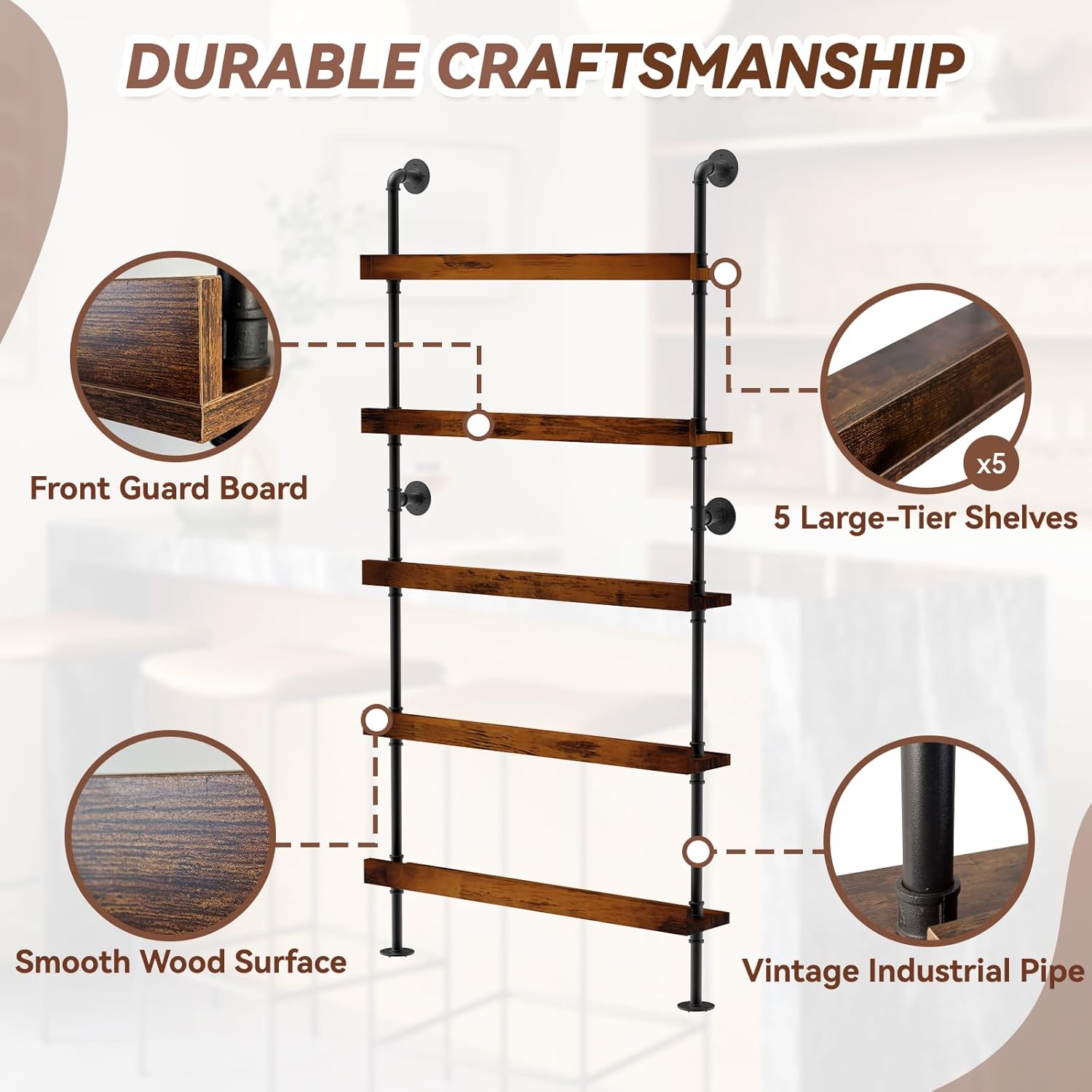 TONGMO 5-Tier Wall Mounted Wine Rack, Industrial Pipe Floating Bar Shelves, Liquor Bottle Display Shelf Holds 40+ Bottles, Space-Saving Storage for Home Bar Kitchen Dining Room, 31.5” W x 79” H