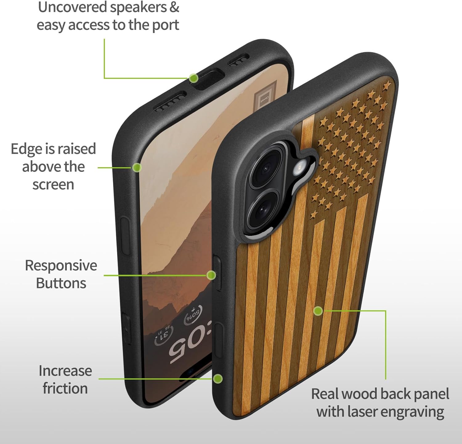Carveit Magnetic Wooden Case for iPhone 16 Case, Wood Artisan Engraved & Black Soft TPU Shockproof Cover, Compatible with MagSafe Wireless Chargers (American Flag) Cherry
