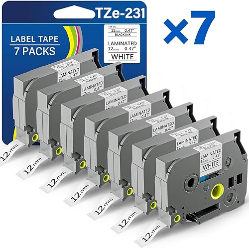 TZE-231 12mm 0.47 Laminated Black on White Tape Replacement for Brother TZ TZE TZE231 12mm 1/2" 8m Tape for P-Touch PT-D220 PTD220 PT-D210 PT-H110 PT-D200 PT-D400 PT-D610BT Label Maker (7 Packs)