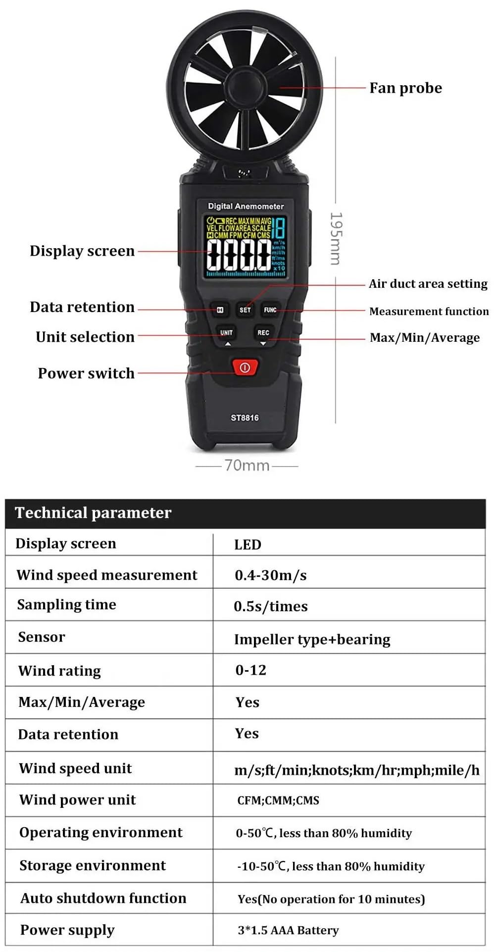 Cyfrowy anemometr, termometr kolorowy LCD prędkość powietrza wskaźnik prędkości wiatru miernik przepływu powietrza miernik objętości wiatromierz anemometr