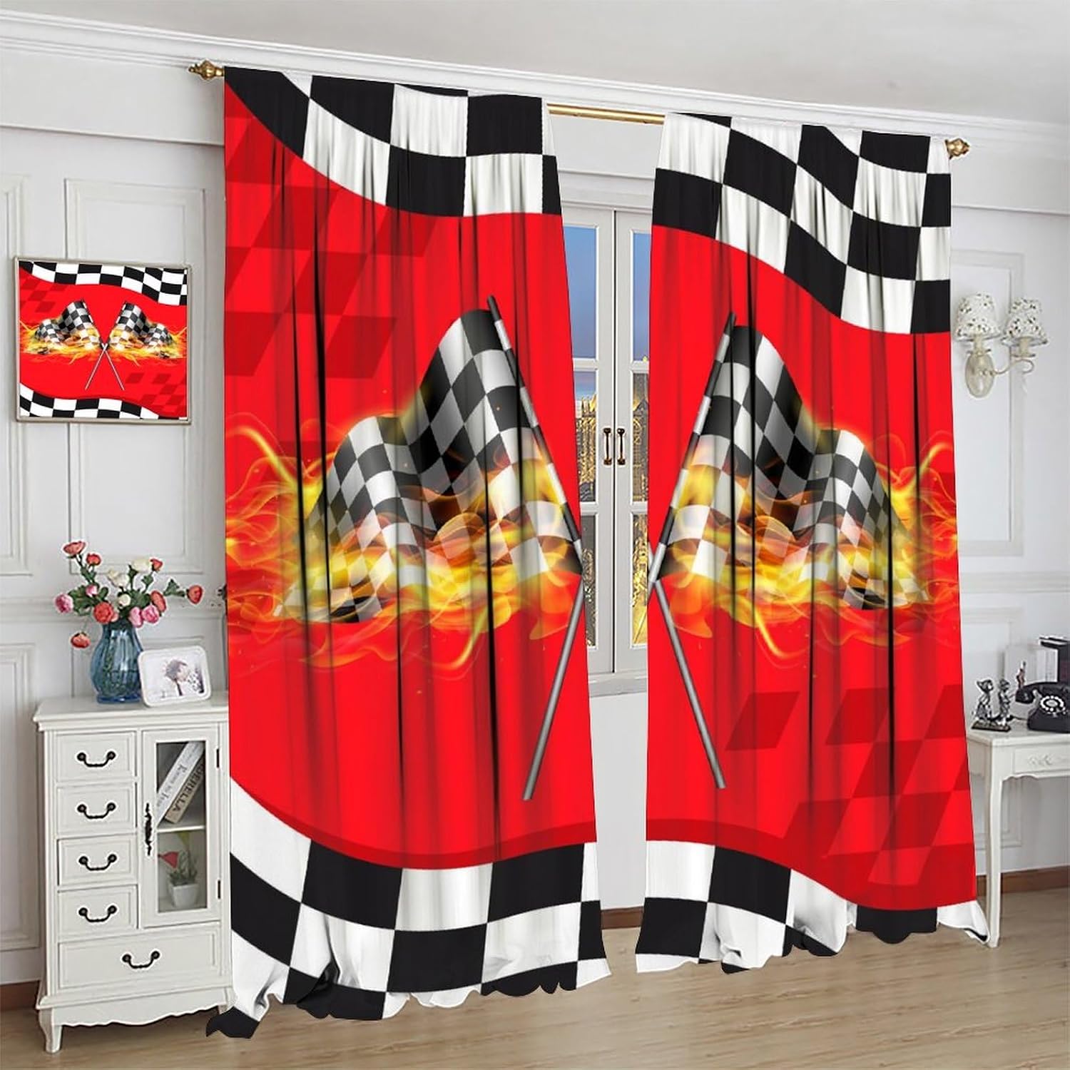 Racing Flag Blackout Curtains,Cool Red Black and White Checkered Racing Flame Flag Windows Treatments Rod Pocket Drapes for Boys Kids Teenage Living Room Bedroom 42x45in