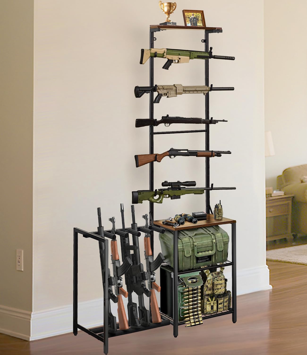 Gun Rack, Indoor Gun Racks for Wall Mount, Rifle Rack and Shotgun Floor Stand with Pistol Holder, Wall Gun Rack Stand Holds up 10 Guns Storage, Hunting Gun Display Shelf for Garage Shop