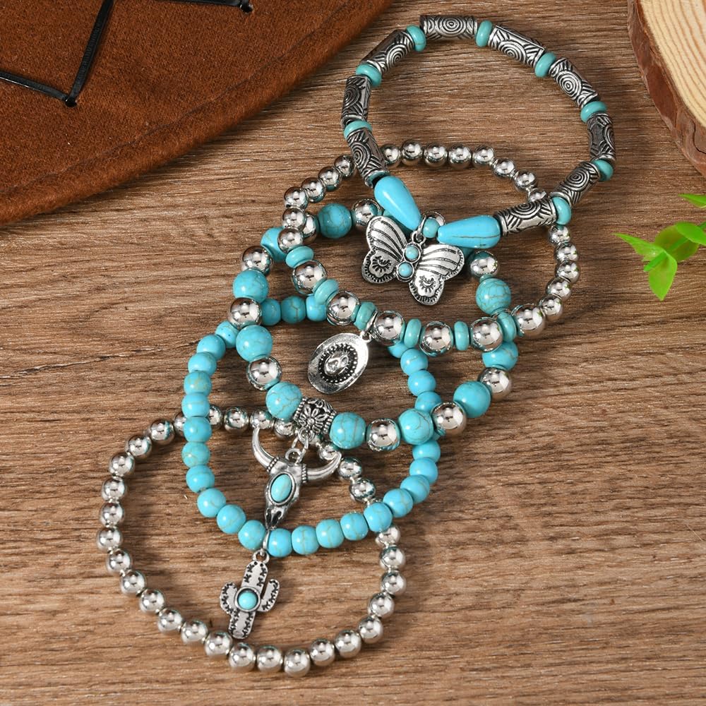 Turquoise Western Cowgirl Bracelets for Women Handmade Stackable Turquoise Beaded Stretch Bracelet Vintage Rodeo Western Jewelry Set Country Cowboy Outfit Accessories - Image 4