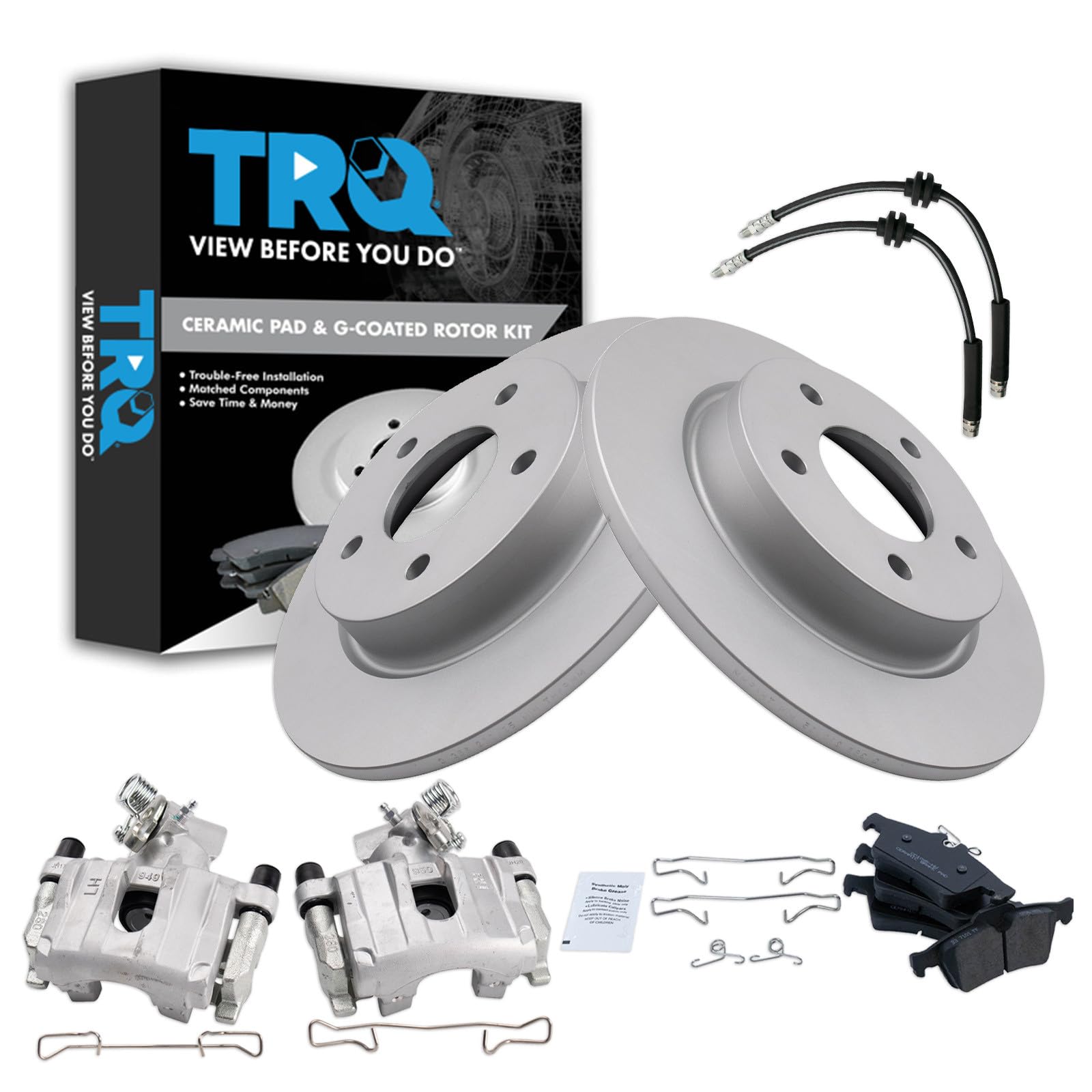 TRQ Rear Brake Pad and Rotor Set Ceramic G Coated Rotors Calipers Compatible with 2009-2013 Mazda 3