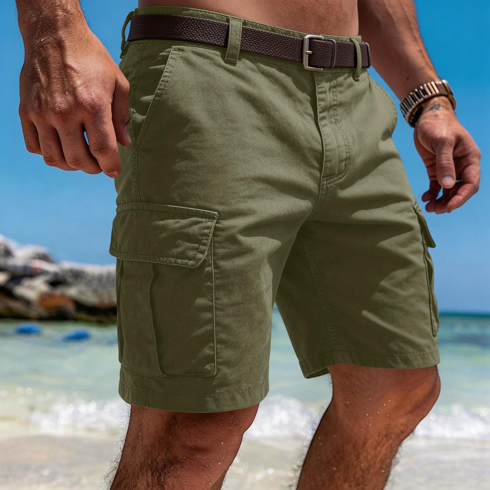 Générique Short Cargo Homme avec Poches Latérales Bermuda de Travail Coupe Droite Style Militaire Décontracté Pantalon Court Tactique Multi-Poches Robuste pour Randonnée Camping Voyage et Activités