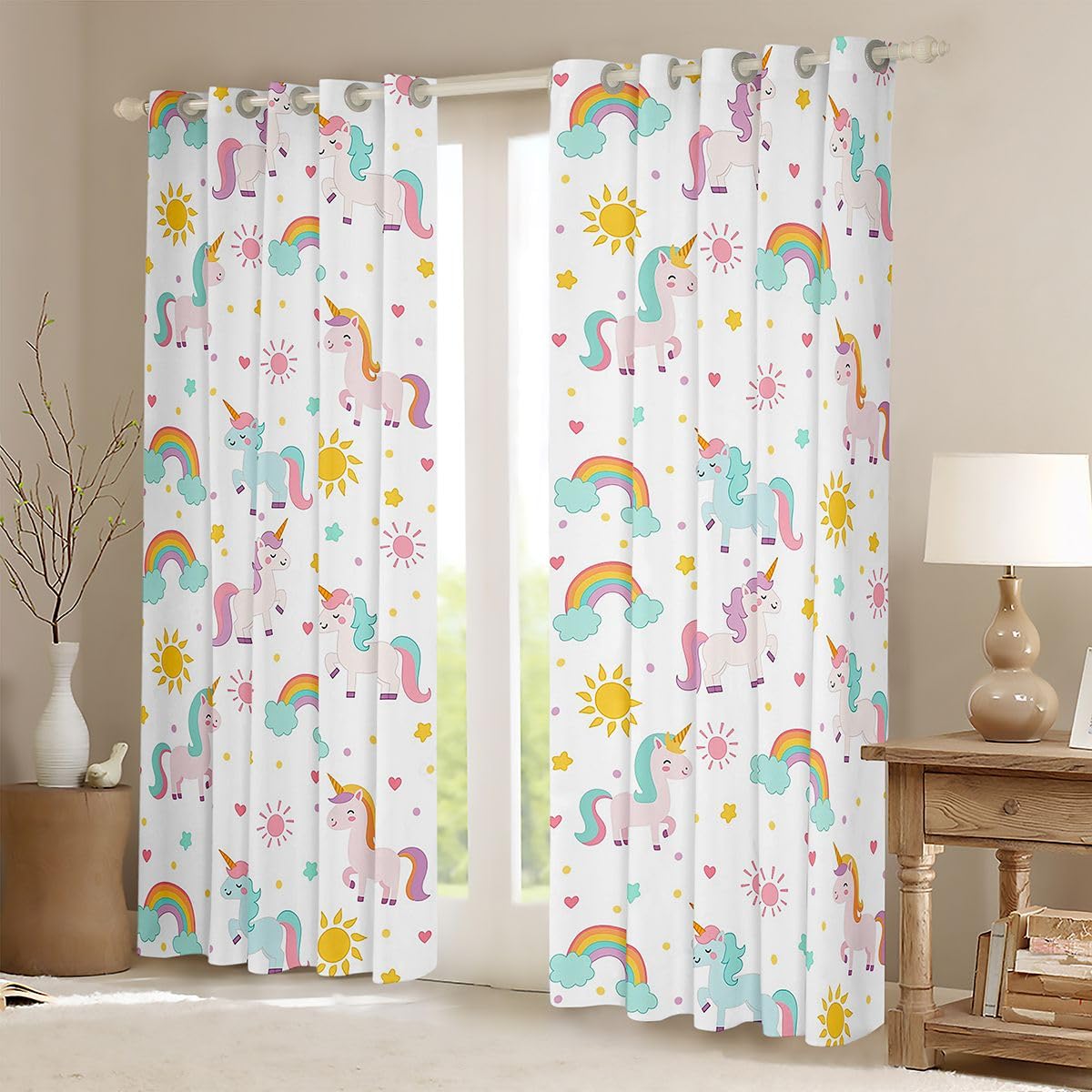 Homewish Urocze kolorowe jednorożce zasłony zaciemniające, 117 x 183 cm, kawaii, jednorożec, zwierzęta, zasłony na przelotkach do salonu, sypialni, chmura, tęcza, 2 panele, fantazyjny jednorożec