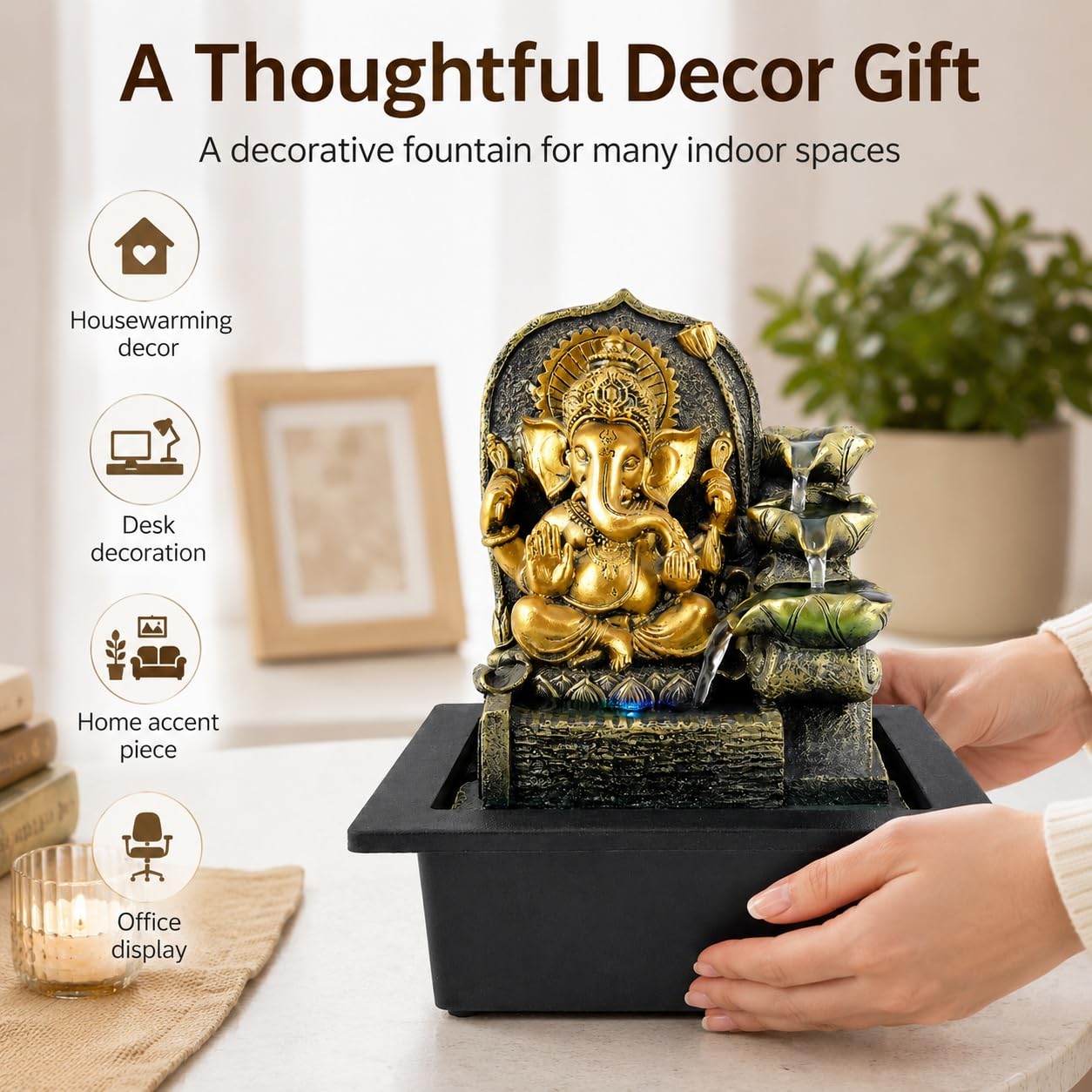 Ganesha Fuente de mesa, fuente de cascada interior de 11 pulgadas con luz LED, decoración de flujo de agua de hojas escalonadas para escritorio, oficina en casa