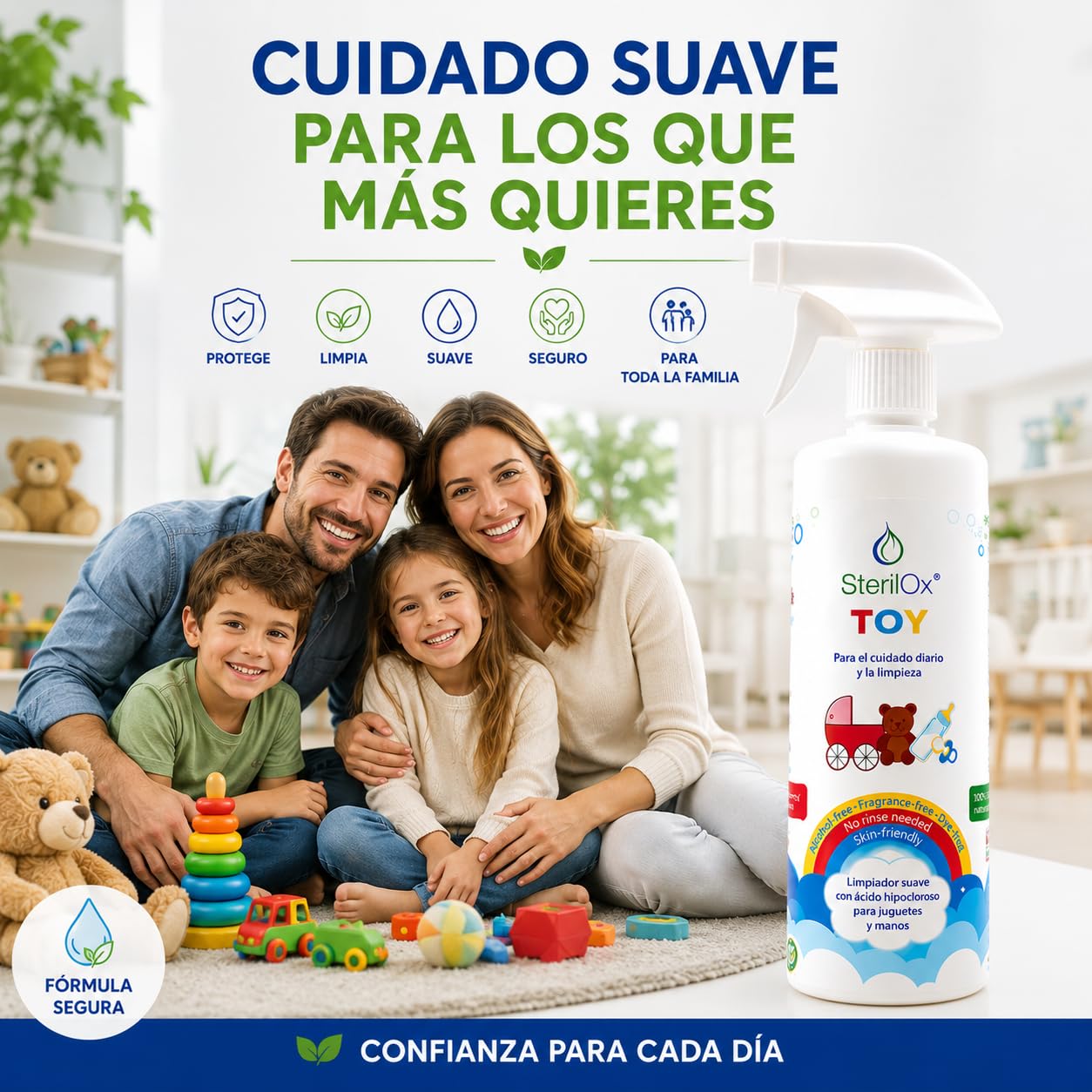 Toy 500 ml — spray detergente naturale con acido ipocloroso (HOCl) per giocattoli, accessori e pelle dei bambini. Senza alcol né profumo, per uso quotidiano, senza risciacquo.