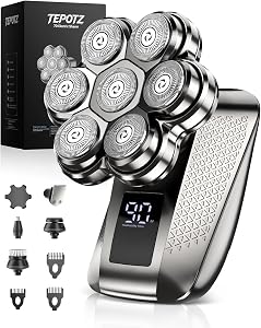 7D Head Shaver for Bald Men, Smooth Electric Razor for Head & Face, IPX7 Waterproof Wet/Dry Shaver, LED Display, Fast Charging, 5-in-1 Grooming Kit for Travel & Home, Replacement Brush Heads