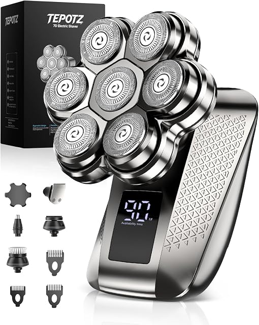 7D Head Shaver for Bald Men, Smooth Electric Razor for Head & Face, IPX7 Waterproof Wet/Dry Shaver, LED Display, Fast Charging, 5-in-1 Grooming Kit for Travel & Home, Replacement Brush Heads
