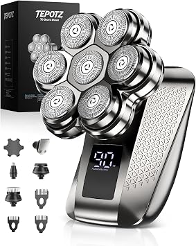 7D Floating Head Shavers for Bald Men, 5-in-1 Pro Grooming Kit, IPX7 Waterproof Wet/Dry Use, Type-C Charge, Travel-Ready/LED Display, Gift Kit-Satin Gunmetal
