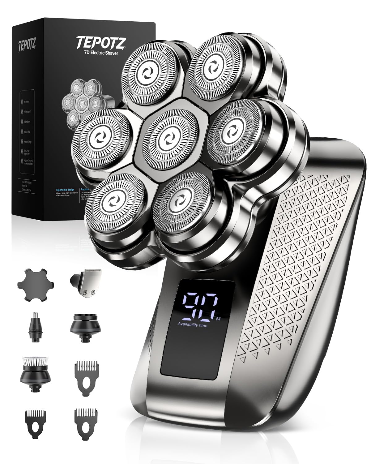 Tepotz 7D Head Shaver for Bald Men, Smooth Electric Razor for Head & Face, IPX7 Waterproof Wet/Dry Shaver, LED Display, Fast Charging, 5-in-1 Grooming Kit for Travel & Home, Replacement Brush Heads