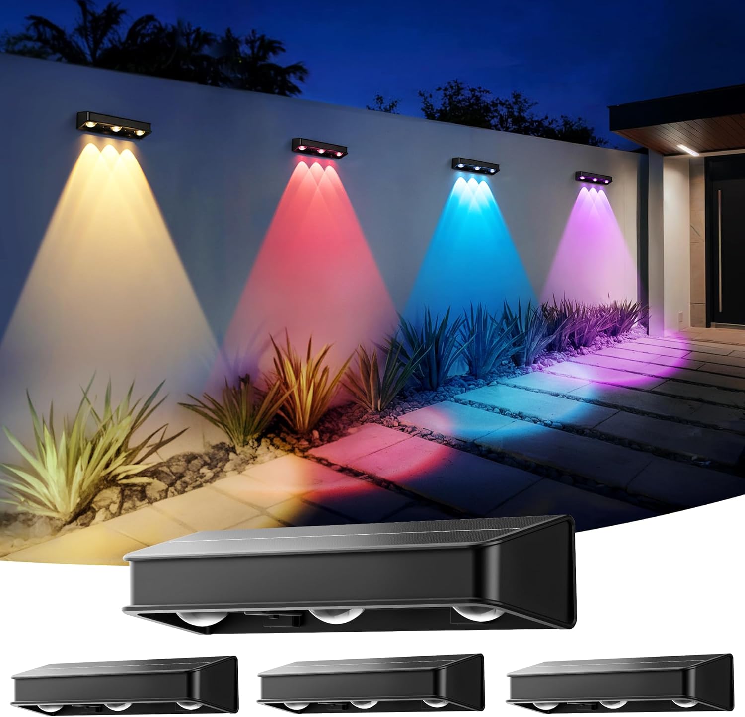 AUDERWIN Solar Fence Lights, 1200 mAh Solar Wall Lights Outdoor Waterproof IP65 led for Outside Backyard, Patio, Front Porch, Yard, House, Garden, Pool, Halloween Decor (4 Pack) 10 Modes