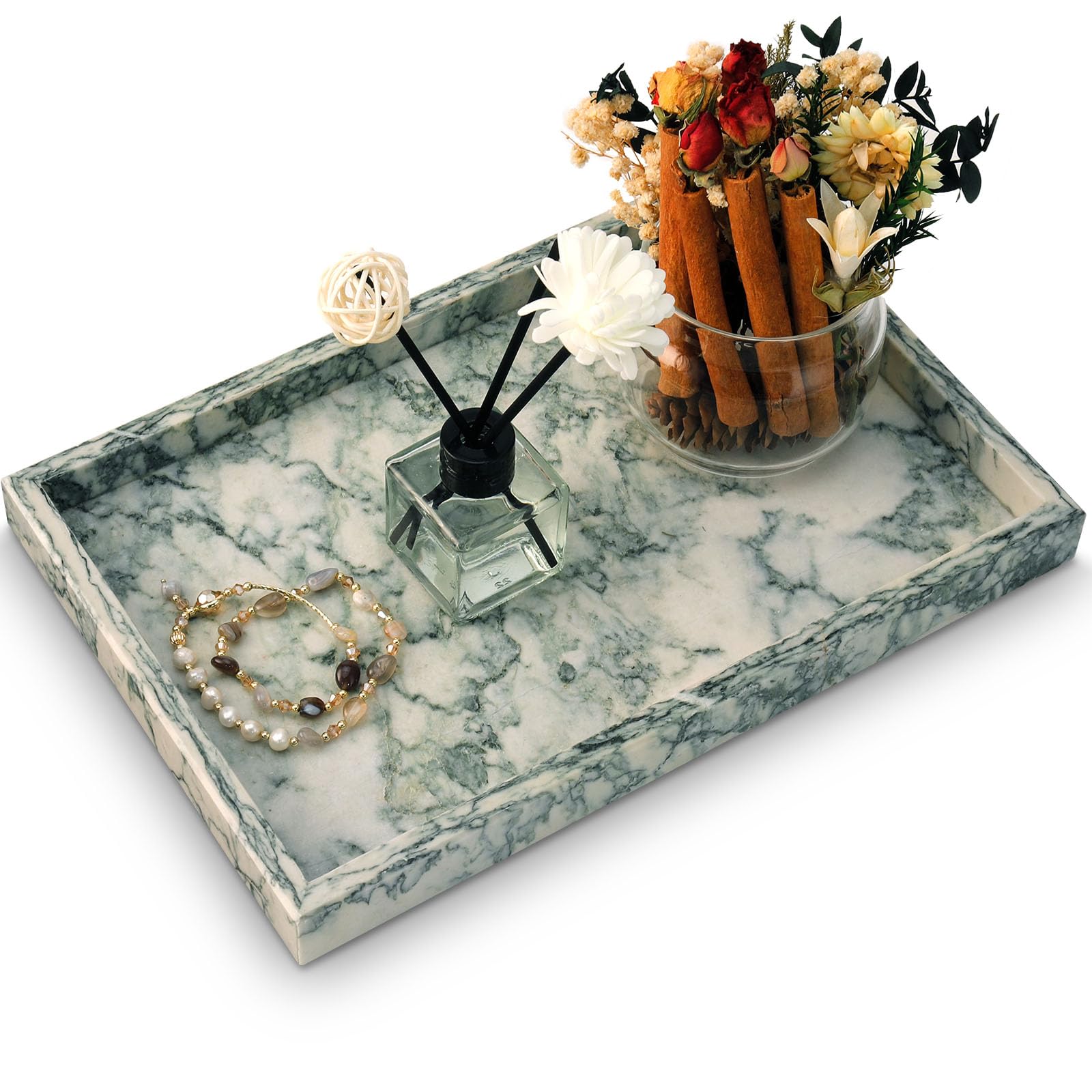 MULWR Marble Bathroom Tray,Pure Natural Vanity Tray,Marble Tray for Kitchen Counter Non-Ceramic/Non-Resin,Stone Trays 12 x 8 inch Cyan Green