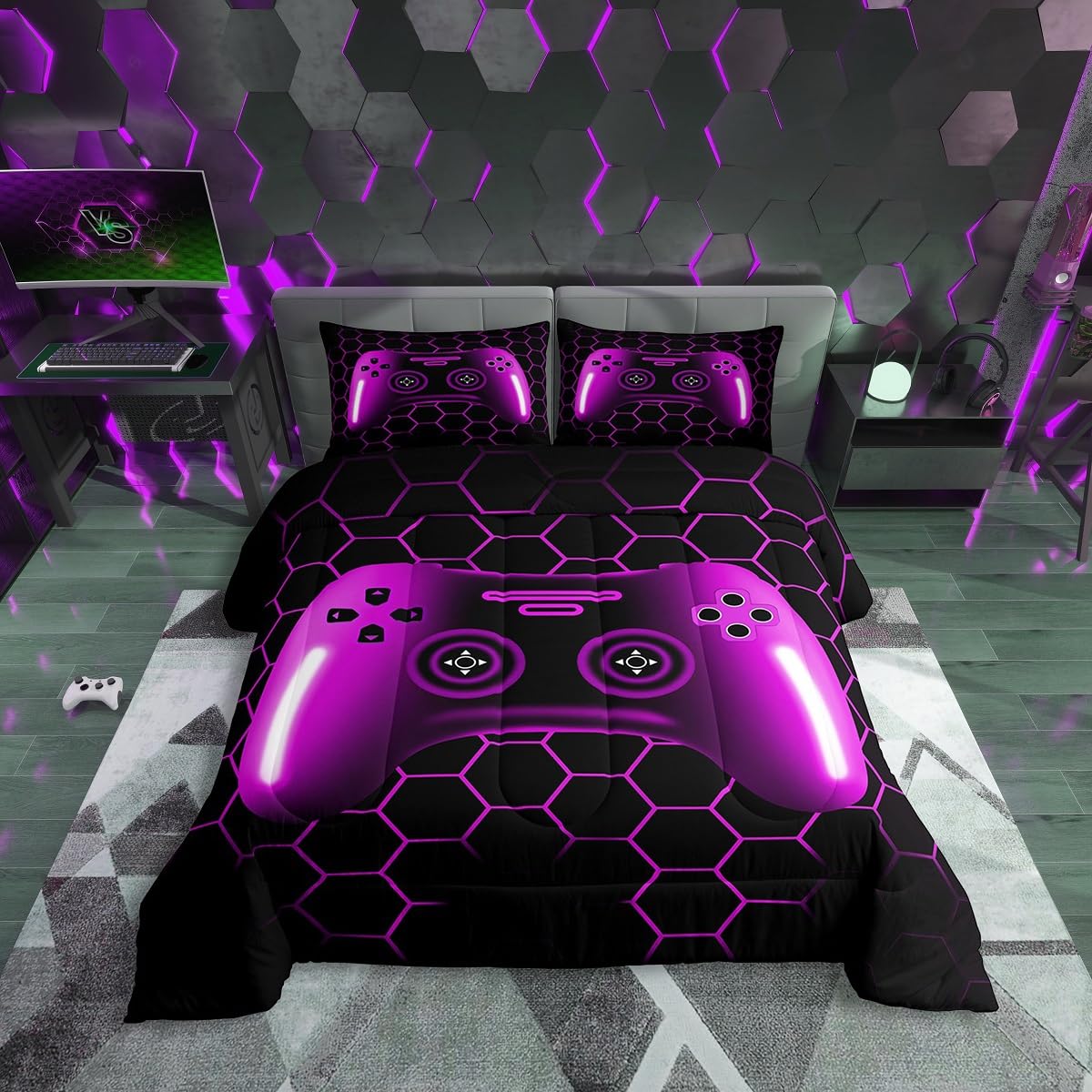 Erosebridal Gamer Comforter Sets for Boys Gaming Bedding Sets for Boys Girls Kids Game Contoller Bedding Comforter Sets 2 Pcs Gamer Bed Set for All Season,Ombre Purple and Black Gamepad,Twin Size