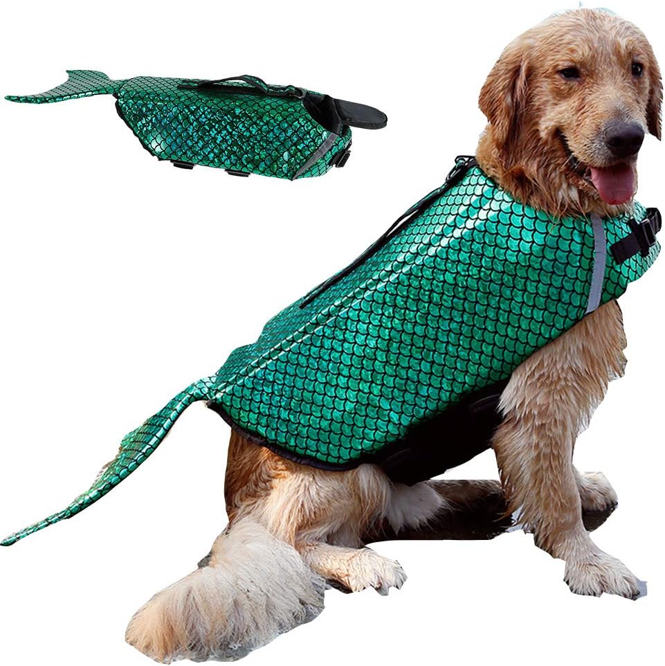Dog Life Jacket Pet Floatation Reflective Vest Dog Lifesaver Dog Life Preserver for Doggie Swimming Mermaid Safety Device with Rescue Handle and Adjustable Belt for Swimming Boating & Canoeing