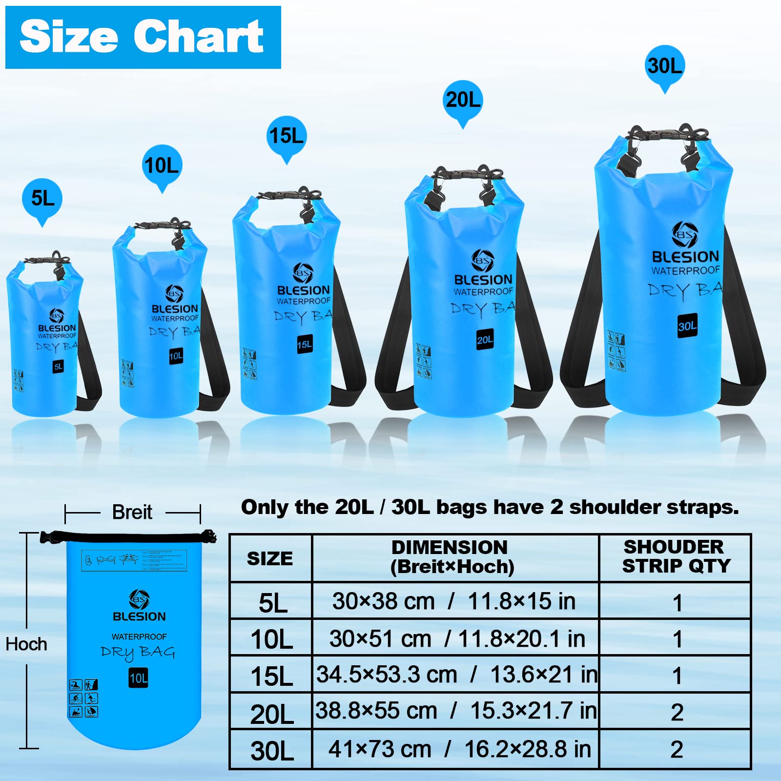 BLESION Borse Impermeabile, Sacca Impermeabile, Dry Bag 5L 10L 15L 20L 30L con Tracolla Regolabile per Spiaggia Sport d'Acqua Trekking Kayak Canoa Pesca Rafting Nuoto Campeggio