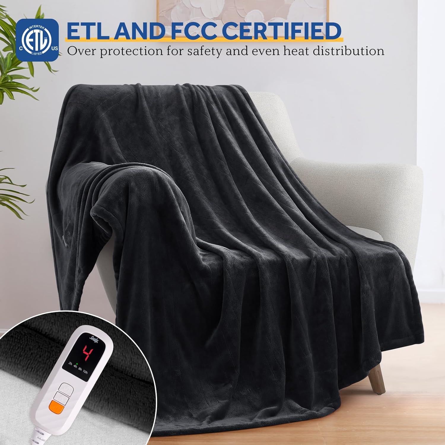 Sealy Heated Blanket Electric Throw 50"x60", Soft Double Flannel Electric Blanket with 6 Heat Levels & 2-10 Hours Auto Shut Off, Machine Washable, Even Heat Distribution, Charcoal - Image 6