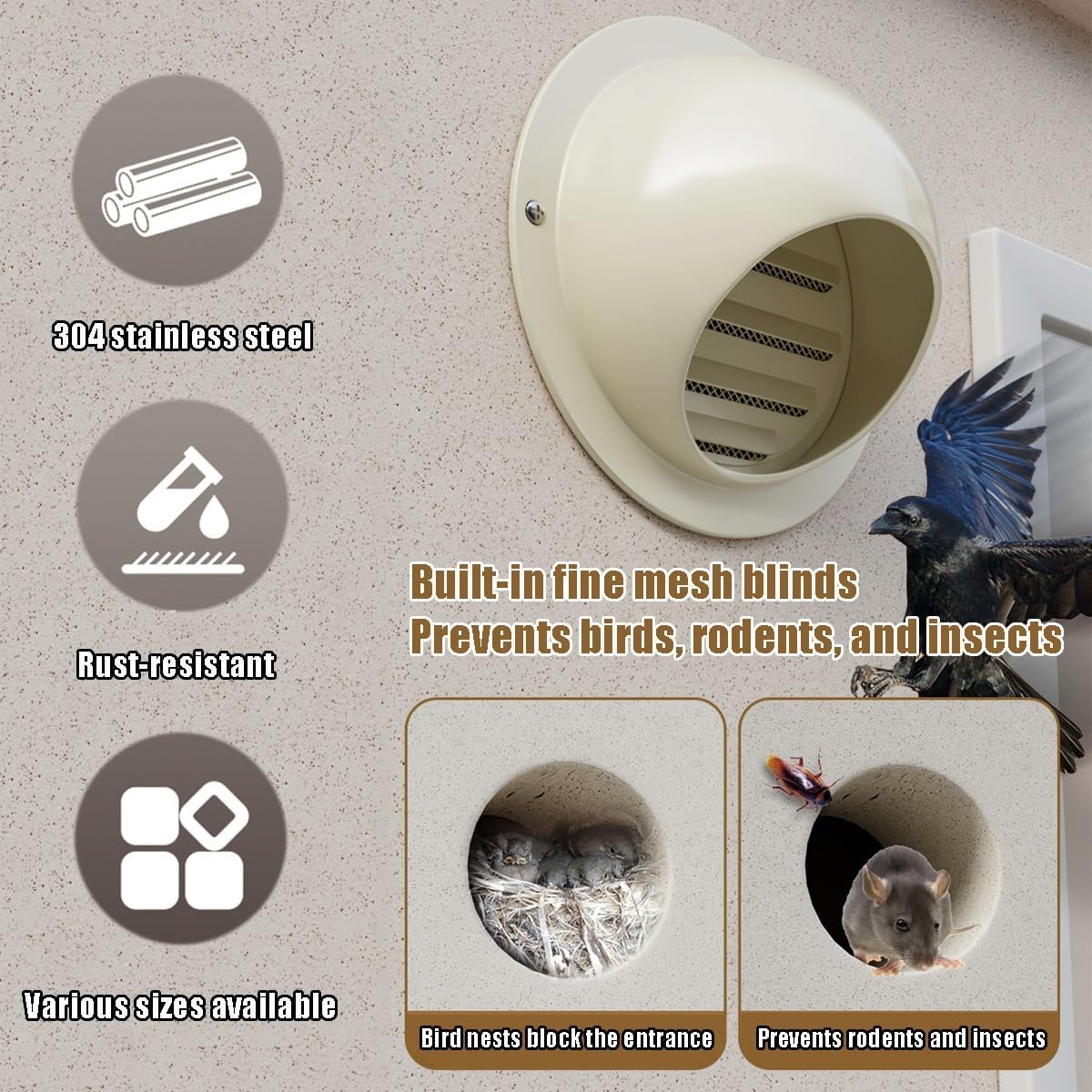 Outside Dryer Vent Covers with Flap,Soffit Vents Exterior Under Eave,2.8in 3.1in 3.9in 4.3in for Bathroom,Kitchen,Wall,Office,House Home,Garage Black/Gun Gray/Cream White(Black,7.9in/200mm)
