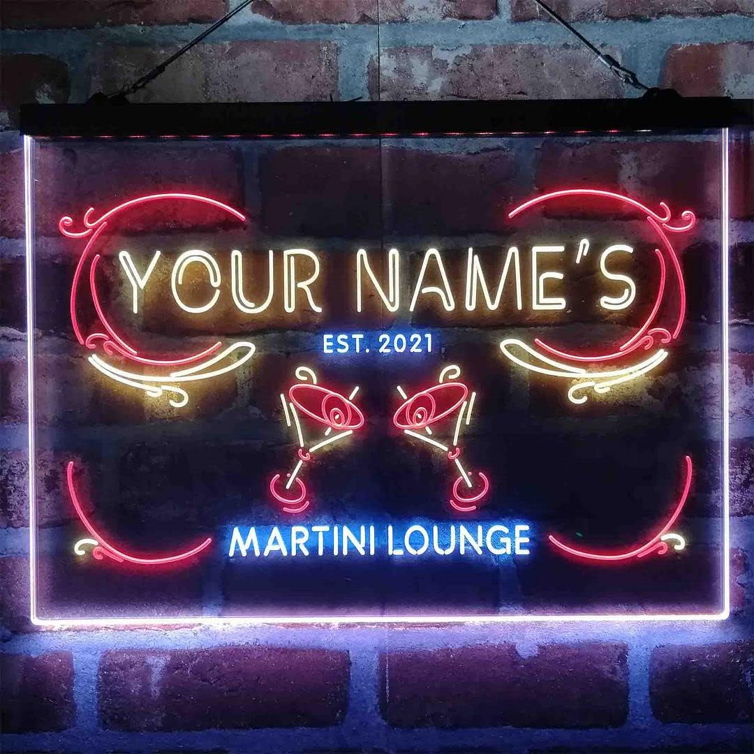 Personalized Martini Lounge Tri-Color LED Neon Light Sign Customize Name Date Text Quote Font White & Red & Yellow 13 x 8.7 Inches st9s32-ti1-tm-wry