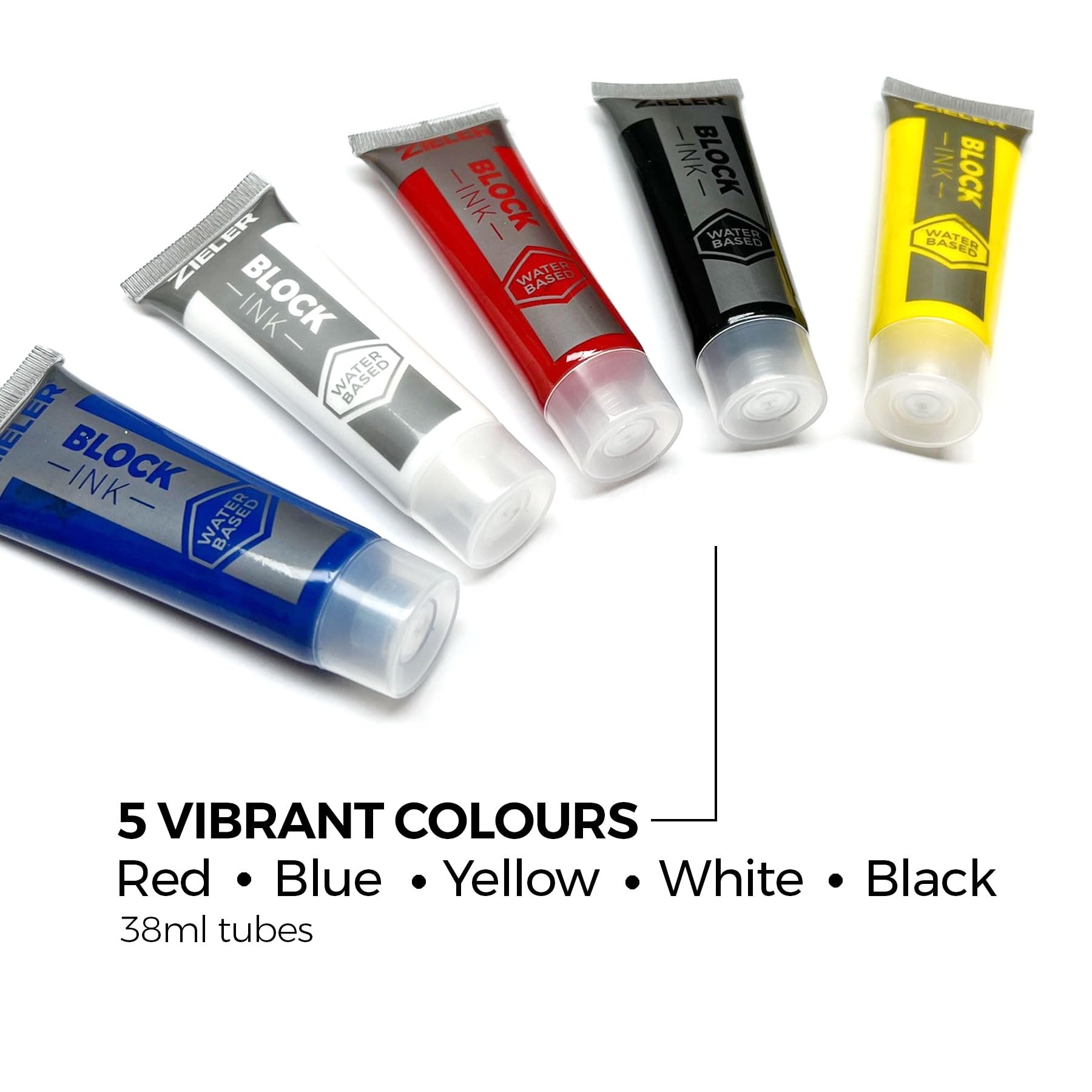 5 tintas de impresión en bloque a base de agua | Negro, azul, rojo, blanco y amarillo | Tubos de alta concentración de 38 ml | Fácil de mezclar | Alta opacidad Zieler