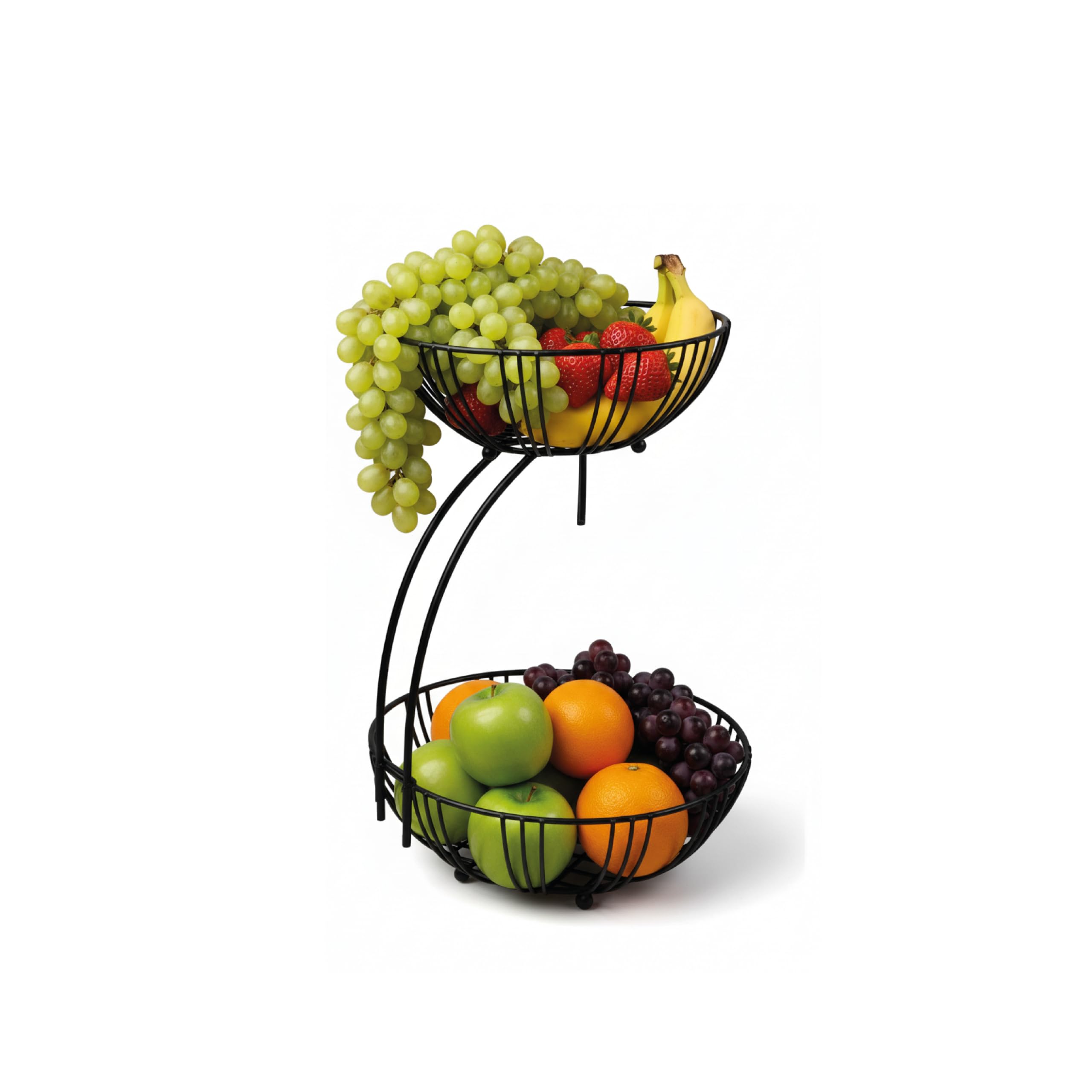 Silverfoks Home Black Fruit Basket 2 Tier Bowls Decorative Storage For Fruits Banana Grape Hanger Large Capacity For Kitchen Countertop, Snacks, Bread & Cupcakes, Metal Wire Premium Finish(Black)
