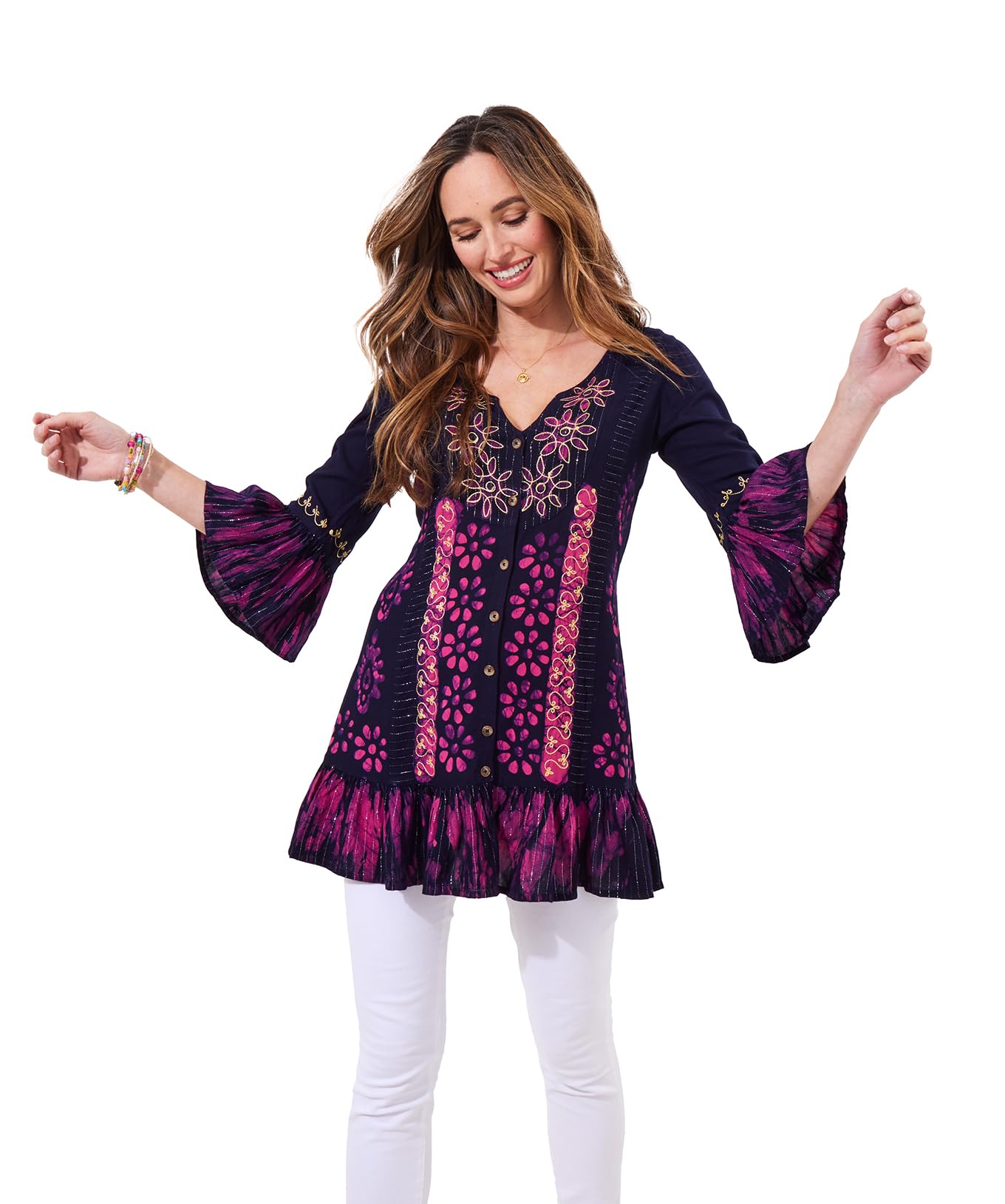 Joe Browns Women's Flowy Embroidered Button Down Tunic Shirt, Navy, 14