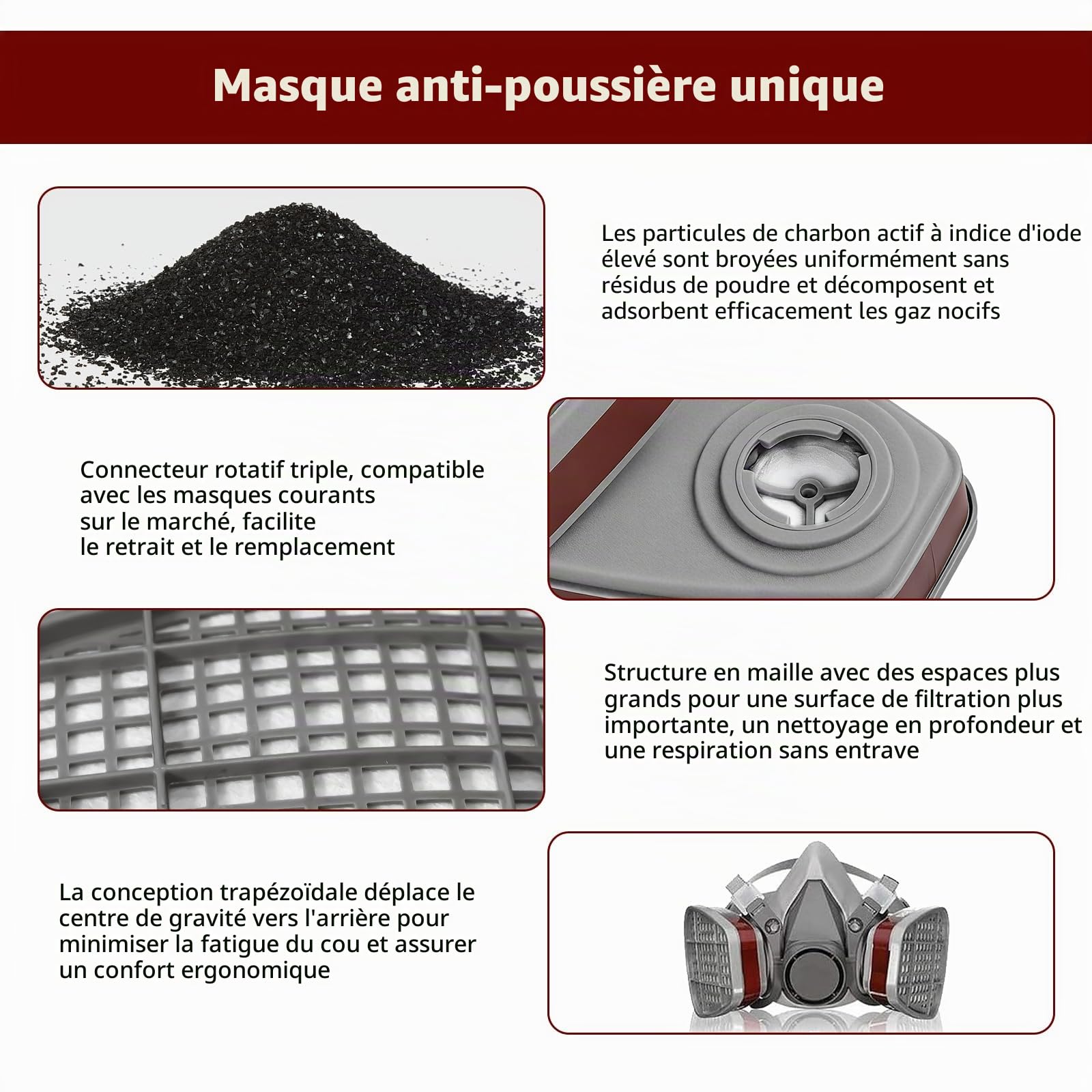 10 filtres pour masque a cartouche, 6001 pour masque de peinture, cartouches Organic Vapor, filtre chimique contre la poussière, les gaz, les vapeurs organiques, avec 6100/6200/7501/7502/6502/6800