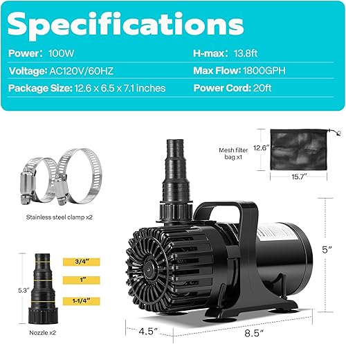 Miniatura 7 de VIVOHOME Bomba de agua sumergible de 100 W 1800 GPH con salida de agua ajustable de 180, elevación de 13.8 pies de altura para fuentes de cascada,